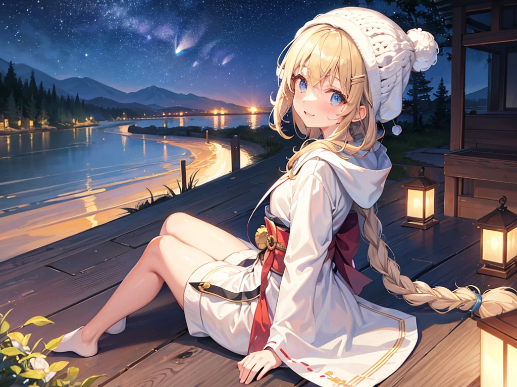 (masterpiece)++,(sweet illustration)+,detailed gradient eyes, outdoors, milky way galaxy, Beautiful scenery, Moonlight, high resolution, winter mountain,
1girl, sitting, kimono, WHITE MUFFLER, duffel coat, ROBE, (fluffy, beanie), from back, looking at viewer, medium bob, blonde hair, bun_head, shiny wavy hair, blue eyes, light smile, lens flare, Japanies Hairpin, kanzashi, braided bangs, cute, , -yo, sweaty hats, white breath, steam, shooting star, astronomical telescope,