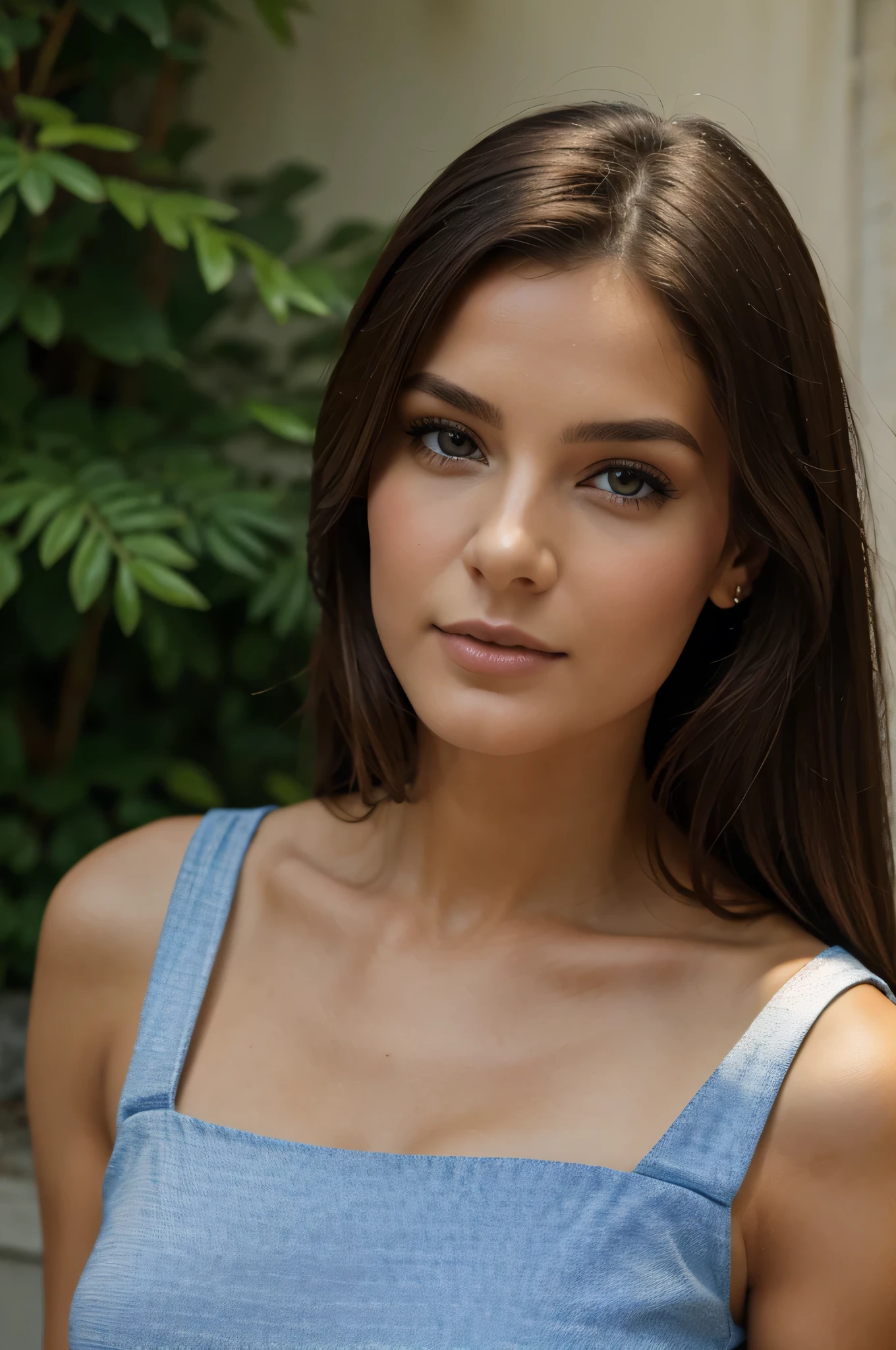 first quality, chef-d'ouvrages d'art, hispanique, Very high resolution, couleur de la peau brunette, photorealistic, Photo brute, ((une belle femme)), 30 ans, detailed face, Des yeux magnifiques bleu, profondeur de champs, La rue de la ville, , vetement classic avec col en V, petits seins, Faint lips, Cheveux sexy, un corps sexy, (Voir les yeux du spectateur), corps en entier
