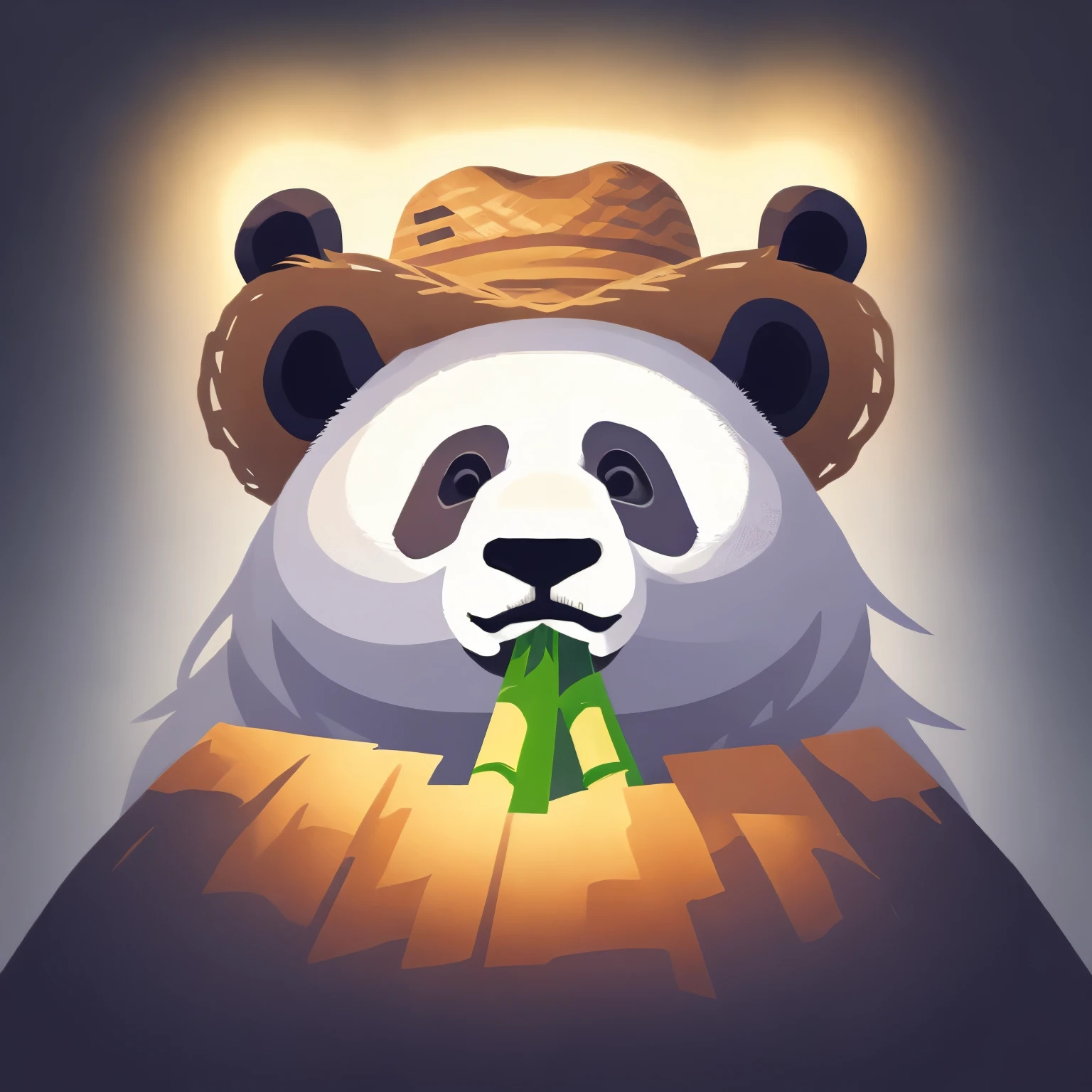 ferocious and evil panda, wearing a straw hat, holding bamboo in his mouth, fantasy, highlighting lighting, Spectral Color, anime, black background, icon, logo
