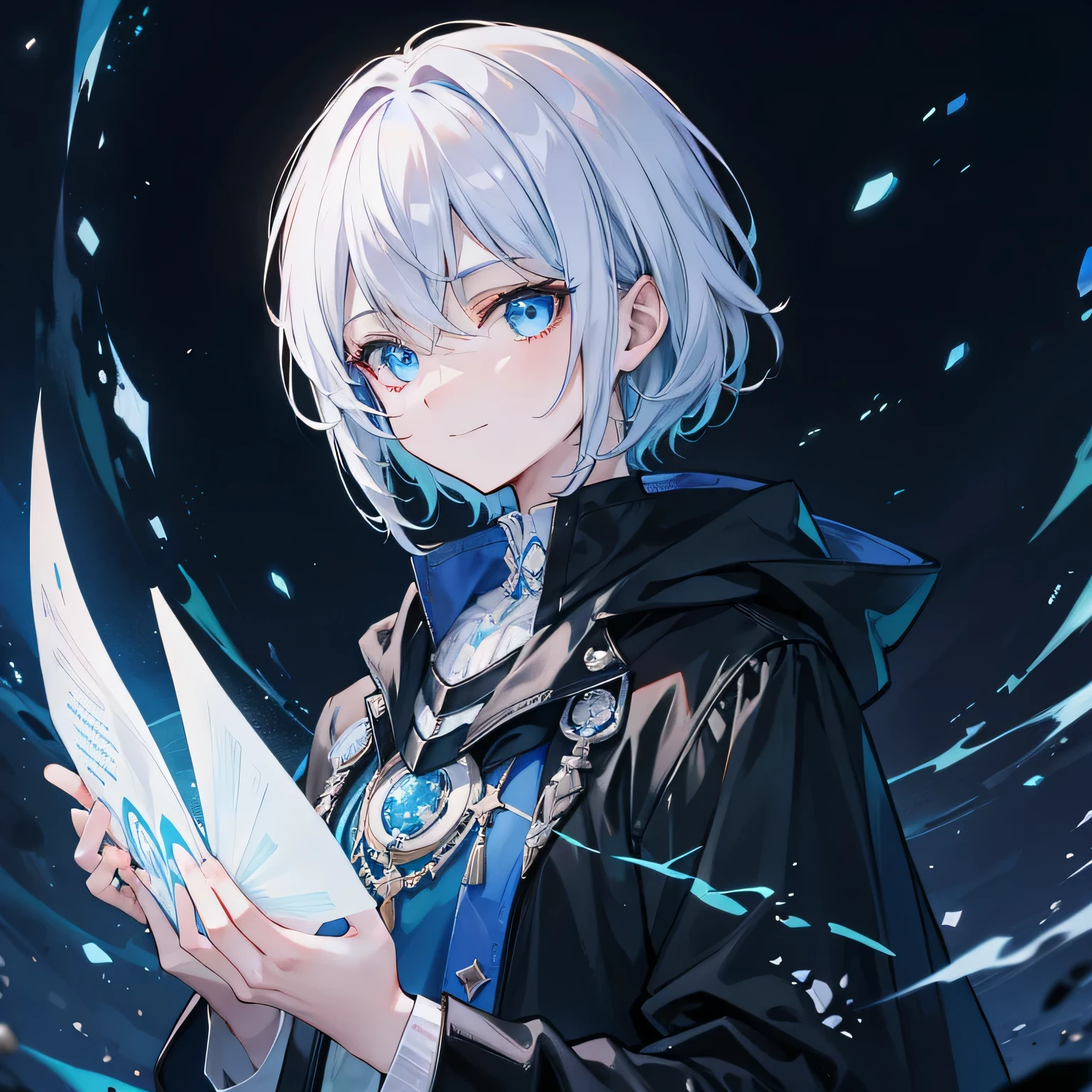 {[{{"Magnificent dark atmosphere, Being in a magical world, 4k artwork of man with gray hair and glowing blue eyes, short hair, smile, Surrounded by spellbooks,Making magic."}]}}