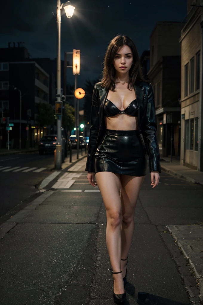 Generate an anime-style image of Samantha with captivating green eyes confidently walking at a dimly lit crossroads in the middle of the night. Samantha wears an elegant ensemble that emphasizes her curves, featuring a tailored blazer and a lively azure miniskirt. She carries a sleek, dark leather bag on her shoulder, paired with sophisticated high-heeled shoes. Keep Samantha's distinctive hairstyle, with a delicate fringe framing her expansive forehead. Emphasize the mysterious and atmospheric scene, depicting Samantha's purposeful journey through the crossroads. Highlight the interplay of shadows and moonlight to enhance the overall allure of the night setting. Ensure her captivating green eyes stand out, reflecting a mix of determination and curiosity as she navigates the enigmatic surroundings.