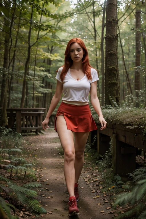 realistic hot model from holland with red hair in short skirt hiking in the forrest whole body natural canon is 1.8 hd real life image high res photo