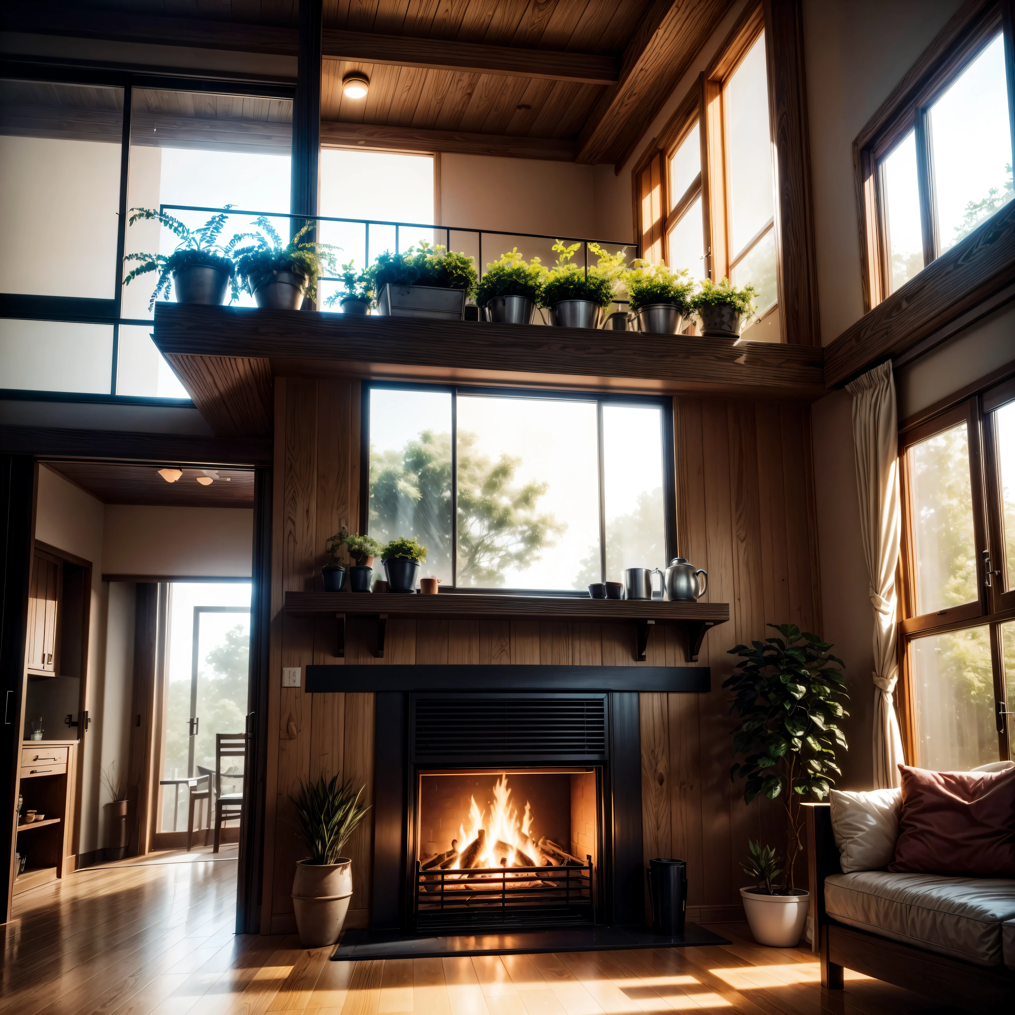 Interior design、utra detailed、cozy contemporary living room、photorealistic, tree in the house comming throught the celing、wooden floor、big glass windows、asia architecture、sliding glass door、golden hour, rain outside, yellow Lamp light、buliding、rain forest、Nature、cup、plant、Interior design、Insert lights and shadows、depth of field、low illumination, modern fire place, modern cozy interior