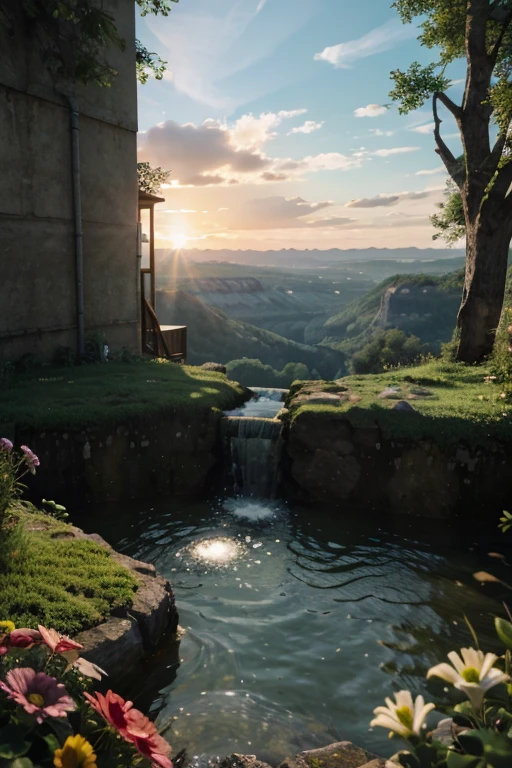 blazer(simple background:1.2), (isometric 3d art of floating rock citadel), cobblestone, flowers, verdant, stone, moss, fish pool, (waterfall:1.2), cottage , sunset