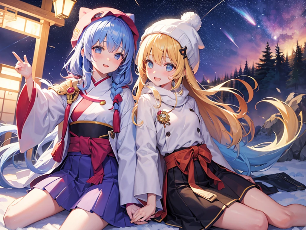 (masterpiece)++,(sweet illustration)+,detailed gradient eyes, outdoors, milky way galaxy, Beautiful scenery, Moonlight, high resolution, winter mountain,
1girl, sitting, Taisho clothes, WHITE MUFFLER, duffel coat, ROBE, (fluffy, beanie), from back, looking at viewer, medium bob, blonde hair, bun_head, shiny wavy hair, blue eyes, light smile, lens flare, Japanies Hairpin, kanzashi, braided bangs, cute, , -yo, sweaty hats, white breath, steam, shooting star, astronomical telescope,