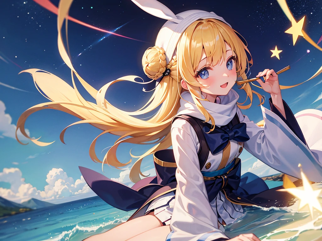 (masterpiece)++,(sweet illustration)+,detailed gradient eyes, outdoors, milky way galaxy, Beautiful scenery, Moonlight, high resolution, winter mountain,
1girl, sitting, Taisho clothes, WHITE MUFFLER, duffel coat, ROBE, (fluffy, beanie), from back, looking at viewer, medium bob, blonde hair, bun_head, shiny wavy hair, blue eyes, light smile, lens flare, Japanies Hairpin, kanzashi, braided bangs, cute, , 14-yo, , sweaty hats, white breath, steam, shooting star, astronomical telescope,