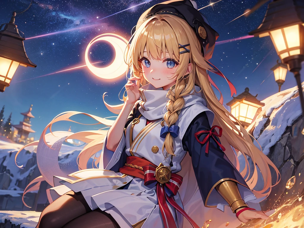 (masterpiece)++,(sweet illustration)+,detailed gradient eyes, outdoors, milky way galaxy, Beautiful scenery, Moonlight, high resolution, winter mountain,
1girl, sitting, Taisho clothes, WHITE MUFFLER, duffel coat, ROBE, (fluffy, beanie), from back, looking at viewer, medium bob, blonde hair, bun_head, shiny wavy hair, blue eyes, light smile, lens flare, Japanies Hairpin, kanzashi, braided bangs, cute, , -yo, sweaty hats, white breath, steam, shooting star, astronomical telescope,