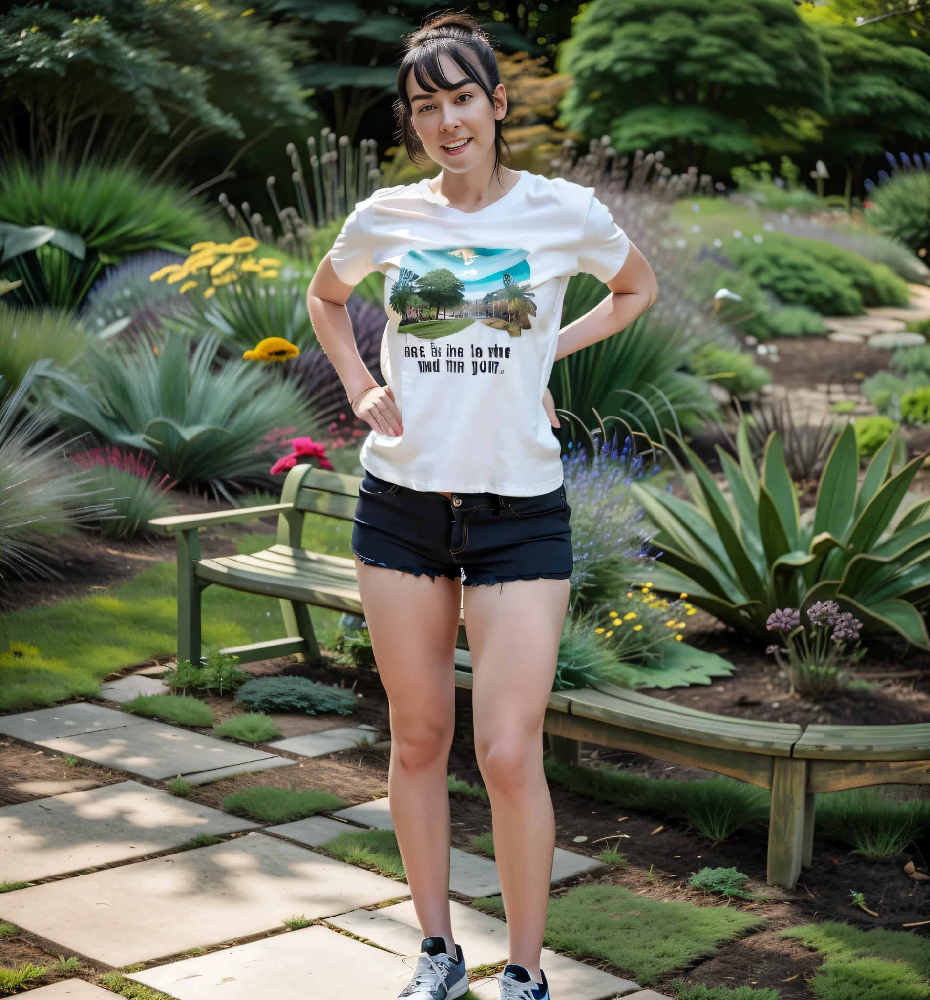 there is a woman standing in front of a bench with a frisbee, standing in a botanical garden, usando shorts escuros, uma camiseta branca, foto de corpo inteiro, vestindo bermuda e camiseta, foto de corpo inteiro, high resolution and high quality, obra de arte , 8k