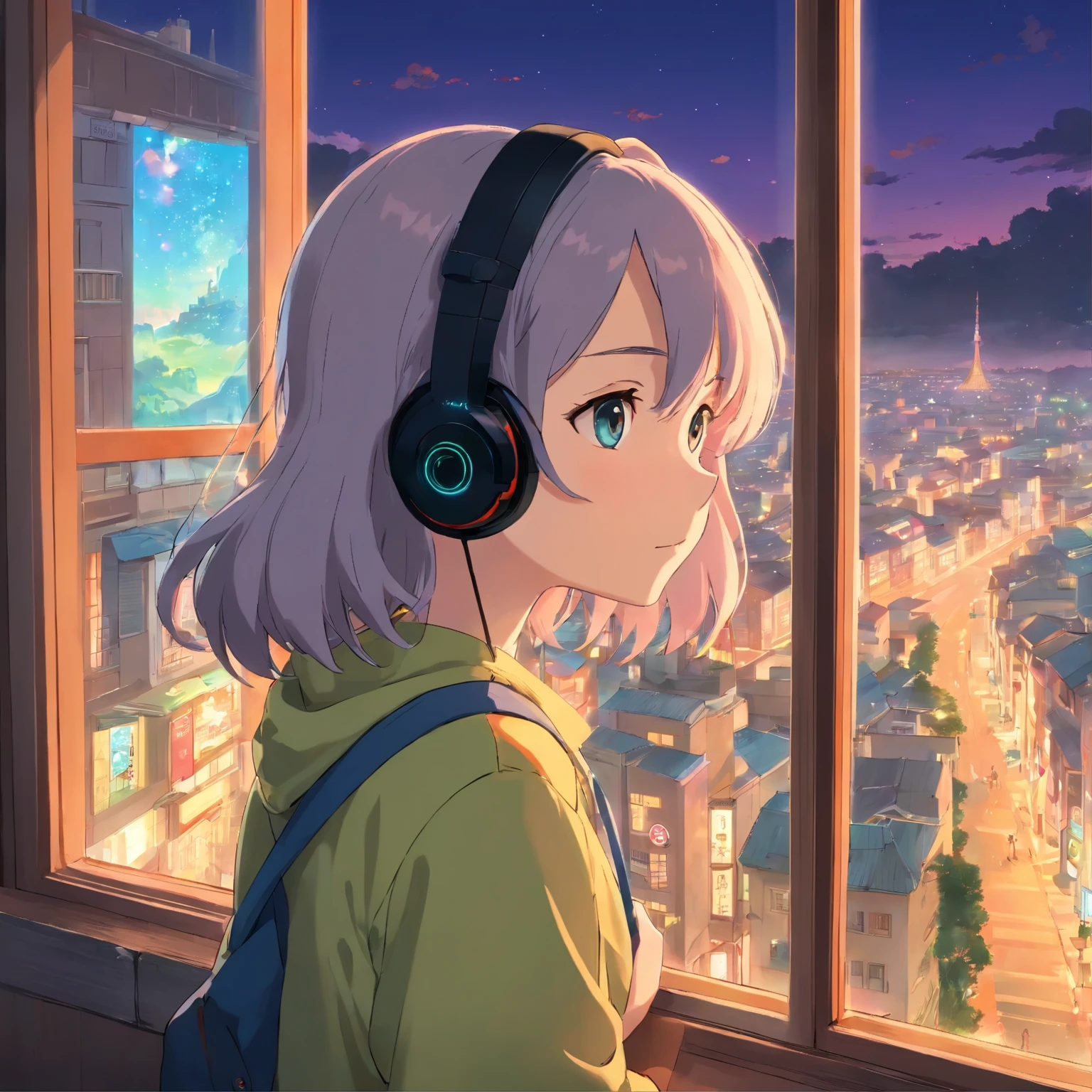 Anime girl with headphones looking out the window of the city, lofi girl, anime atmosphere, Lofiatostyle, anime style 4k, anime aesthetics, Nightcore, Lofi feeling, Lofiato, anime art wallpaper 4k, anime art wallpaper 4k, anime wallpaper 4k, anime wallpaper 4k, Lo-fi atmosphere
