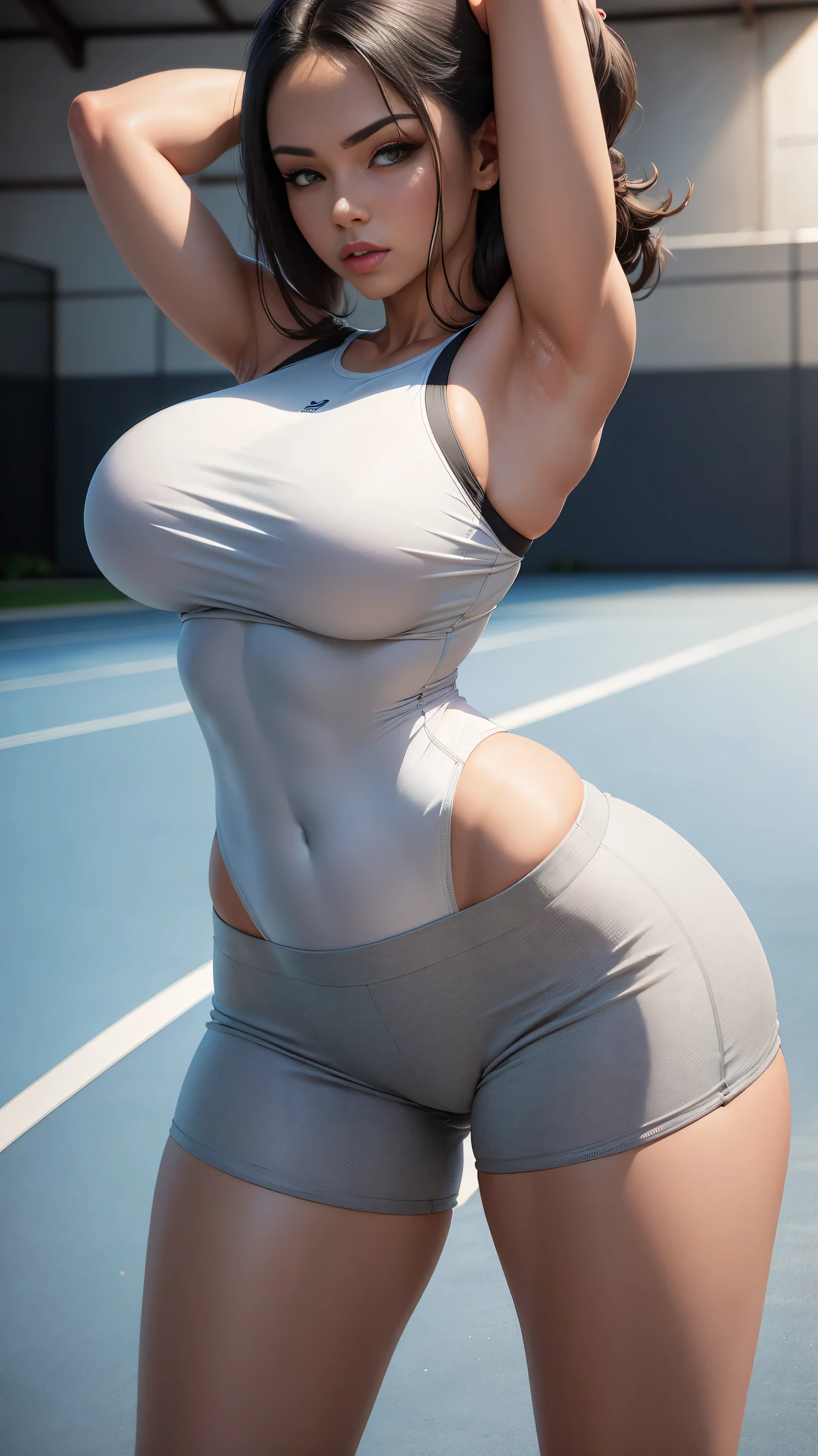 A beautiful woman in tight gray shorts and a white vest poses on a tennis court, tightsuit, Slim waist and thick hips, Big breasts Thin waist, Waist fit, back stance, Skinny woman, healthy woman, Fits the body, Medium Shot Shot, exposed waist!!!, Bare with thighs!!!, Skinny blue T-shirt, Waist circumference - shooting, Almost thin man, tight business suit, Photo fit, wearing simple, Tight clothing, Strike majestic hot poses