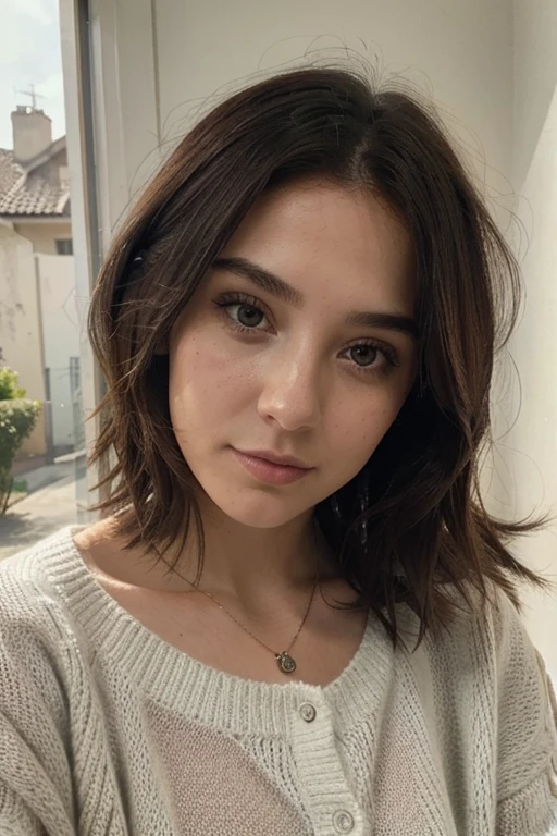 foto de instagram, 21 year old English woman., cabello corto, pelo negro, primer retrato, sweater, escote, pale, sombras duras.