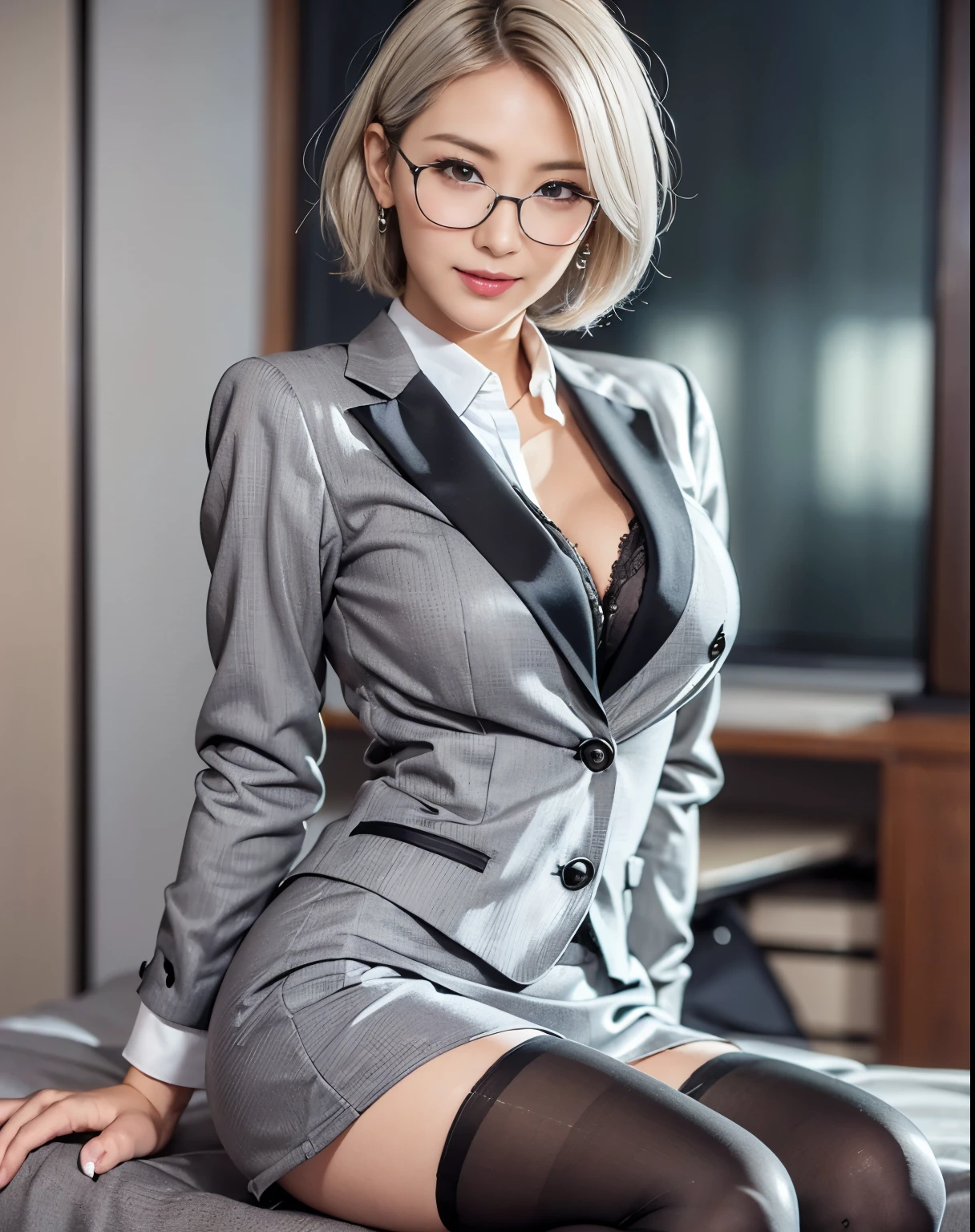 (masterpiece), (best quality), 8k resolution, 1girl, Asian girl, stunning beauty, perfect face, mature female, 20yo, girl with cat ears, sexy, short hair, white hair, black business suit