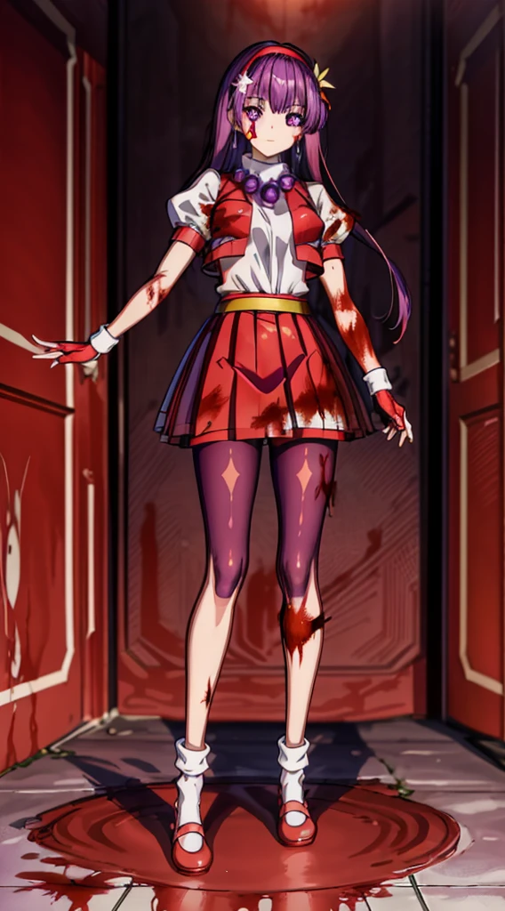(masterpiece)、(highest quality)、(super detailed)、intricate details、athena 97、(1 girl:1.4)、solo、purple eyes、purple hair、hair length、white earrings、red hair band、star hair ornament、Medium breathing、red vest、white turtleneck、White Puff Sleeves、short sleeve、red pleated skirt、(Crimson pantyhose:1.2)、black pantyhose、yellow belt、purple spherical necklace、red fingerless gloves、white short socks、red shoes、evil smile、NSFW、In the ruins、anime style、(Blood on the face:1.6)、(combat readiness:1.2)、hypnorolla、
empty eyes、full body, looking at viewer,