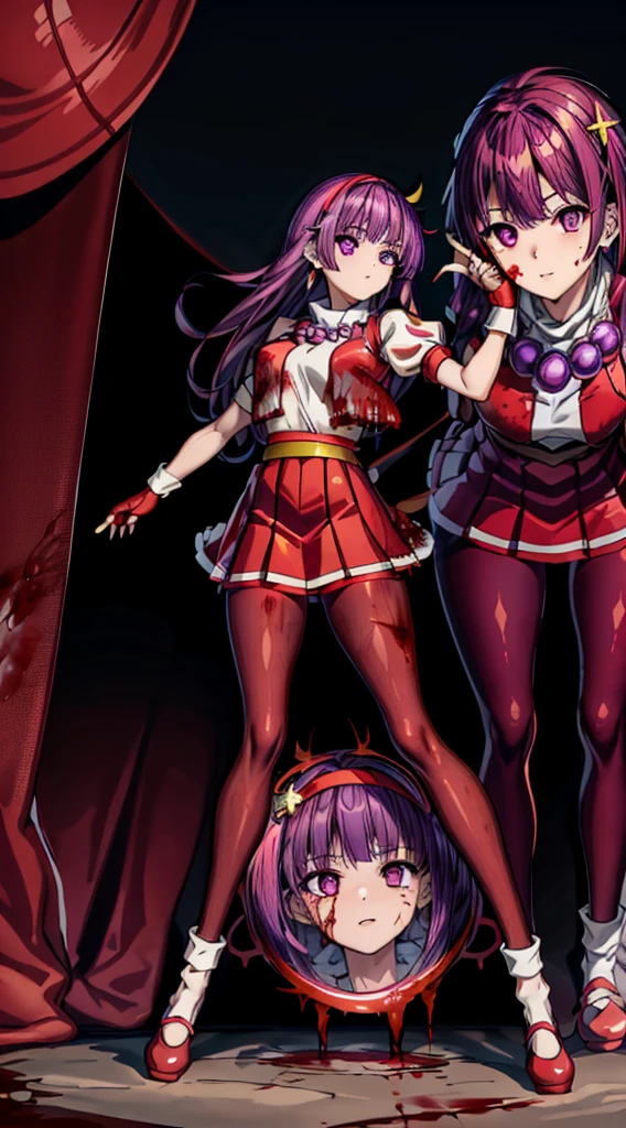 Old factory, dark background, (multiple girl), 2girls, pink hair in a bun, pink swept bangs, seifuku with the leading colors of black and red, black short-sleeved blouse with a red sailor collar, black knee-length pleated skirt, light blue tights, blood on face, blood on hands, blood on clothes, blood from mouth, closed eyes, die,  lying in the purple haired girl's lap, ((shoulder-length purple hair)), red ribbon is tied into a bow on the left side of her hair, purple crossed bangs, bright purple eyes, seifuku with the leading colors of black and red, black short-sleeved blouse with a red sailor collar, black knee-length pleated skirt, black socks, expressionless, calm, looking down at the pink-haired girl