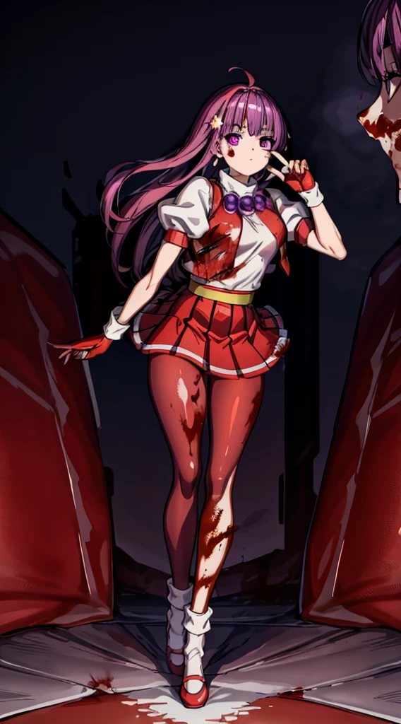 (masterpiece)、(highest quality)、(super detailed)、intricate details、athena 97、(1 girl:1.4)、solo、purple eyes、purple hair、hair length、white earrings、red hair band、star hair ornament、Medium breathing、red vest、white turtleneck、White Puff Sleeves、short sleeve、red pleated skirt、(Crimson pantyhose:1.2)、black pantyhose、yellow belt、purple spherical necklace、red fingerless gloves、white short socks、red shoes、evil smile、NSFW、In the ruins、anime style、(Blood on the face:1.6)、(combat readiness:1.2)、hypnorolla、
empty eyes、(full body:1.4), looking at viewer,
