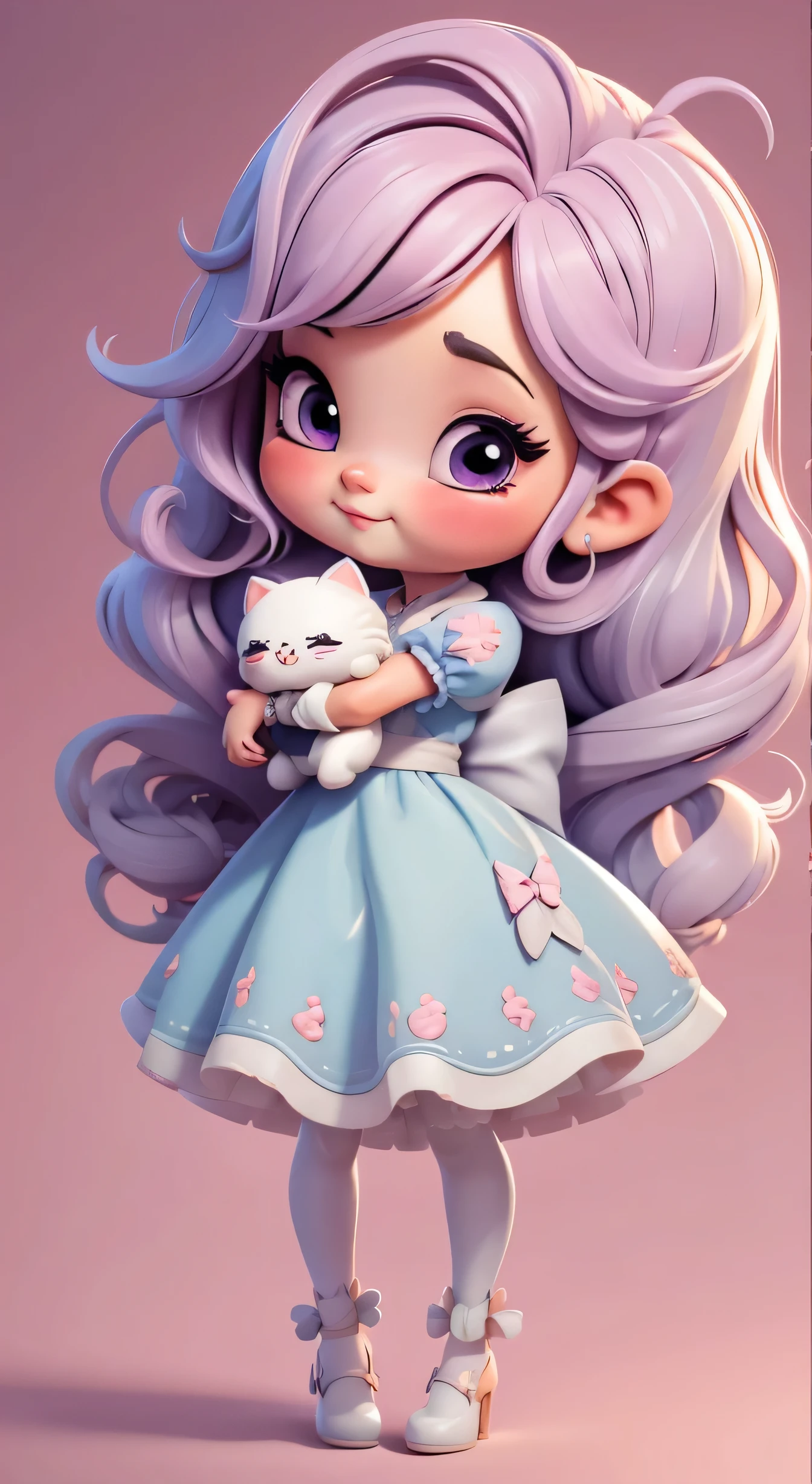 Create an 8K version of Alice's   character.

Boneca Chibi Alice: Deve ficar charmoso e bonito, Preserve the iconic elements of the original character. Alice Chibi deve ter um rosto redondo com grande, olhos brilhantes, long eyelashes and rosy cheeks. Seu cabelo deve ser curto e tons brilhantes de castanho claro ou claro.

Vestido bonito: Dress up chibi Alice in a beautiful and elegant dress in shades of pink or lilac . O vestido pode ter babados, renda & detalhes, referring to the theme of Wonderland. Add loops or ribbons, Para dar um toque de delicadeza.

avental & Arco: Adicione um avental branco sobre o vestido de Alice Chibi, It is tied at the waist with a thin bow. O avental pode ter pequenos detalhes, como bolsos ou bordados finos.

Meias e sapatos bonitos: Complete o look chibi de Alice com meias listradas azuis e brancas ou detalhes divertidos. standingn, Coloque sapatos de boneca bonitos, com gravatas ou fivelas.

Magic Accessories: Add charming accessories to Alice's chibi, like a bow in the hair or a tiara with Wonderland details. You can also get your hands on beautiful themed accessories.

Certifique-se de adicionar sombras, texturas e detalhes nos cabelos, Alice Chibi's clothes and accessories, to make it even more charming and charming. Give him a smiling expression and a sweet smile on his face, Capturing the essence of the character in a subtle and charming way.