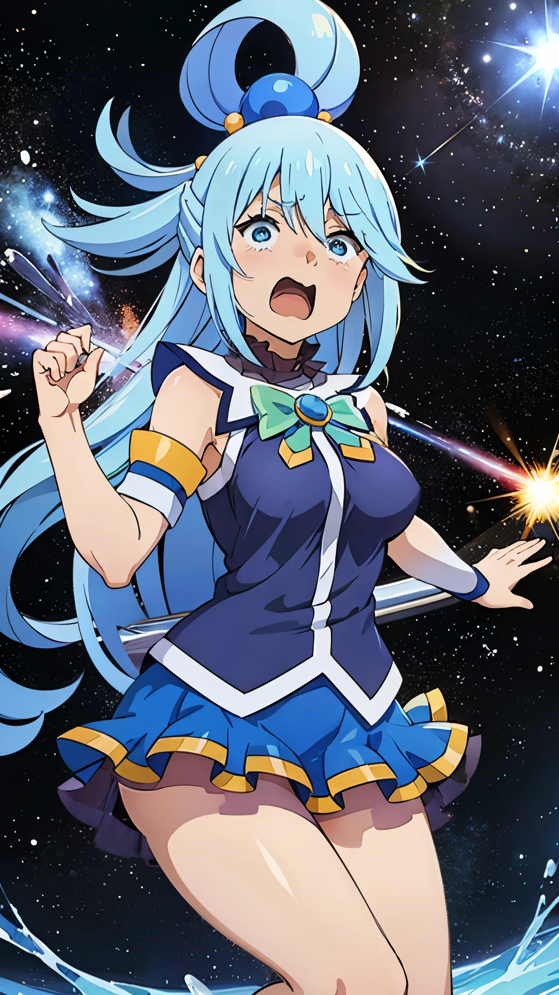 Aqua,konsuba, stary night, screaming, blue hair, blue eyes, looking up, sparkles, particles, nebula, space