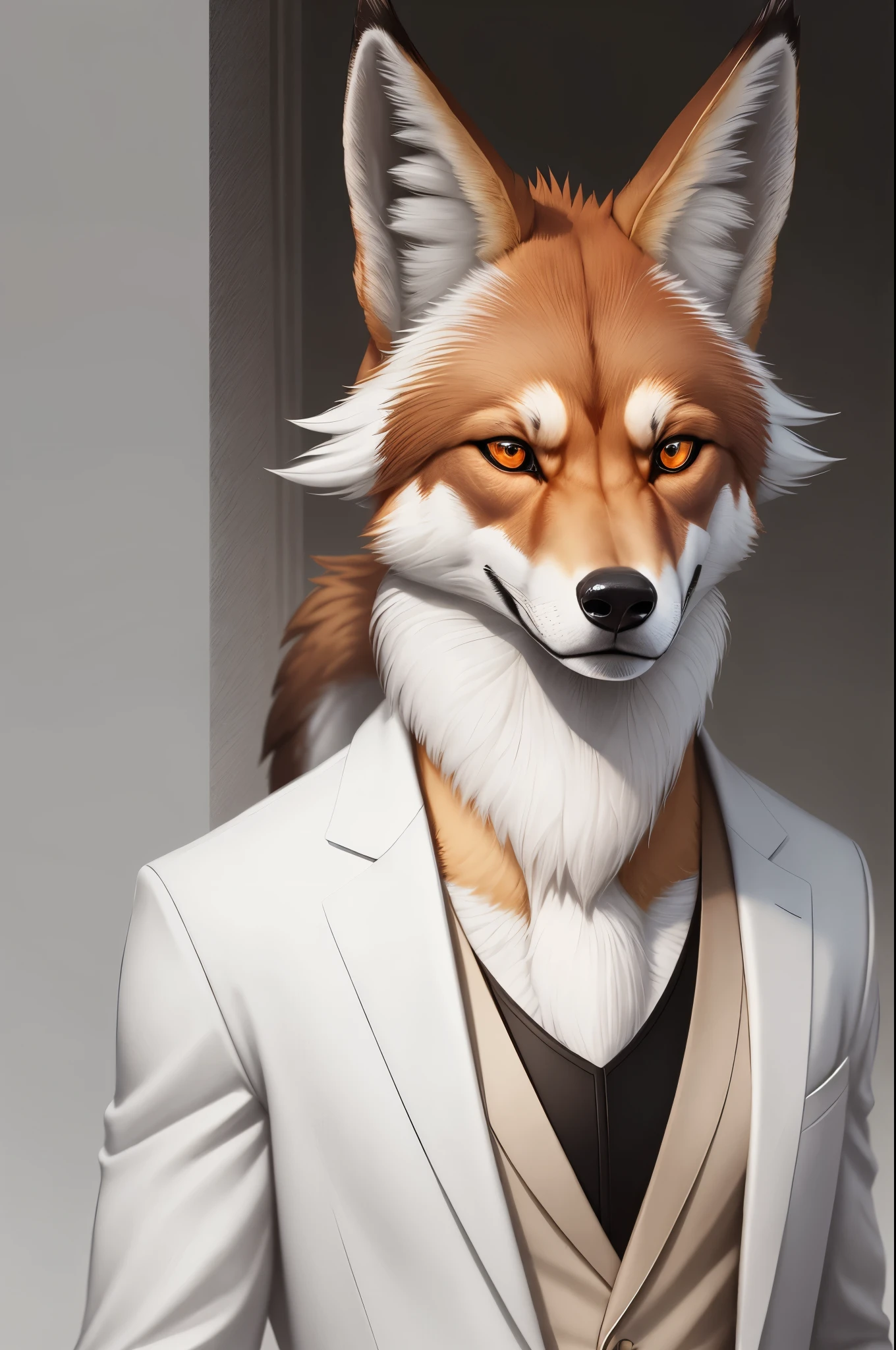 Create an anthropomorphic maned wolf image，Conduct yourself seriously，Looks about 19 years old。He has the typical reddish-brown fur of the maned wolf，smooth and neat。To add a touch of style to his appearance，He wears a white coat as clothing。

The white coat suits him perfectly，Adds sophistication to his overall look。Despite the young age，But the Maned Wolf exudes sophistication，Confident and authoritative。

Emphasis on his anthropomorphic features，For example, his upright posture、Anthropomorphic hands and expressive facial features。Capture his serious expression，Highlighting the intensity in his amber eyes，and the details of the white coat he wore.。

Showcasing a unique blend of maned wolf features and a stylish white coat，Capture the essence of this anthropomorphic individual with a serious yet sophisticated look。