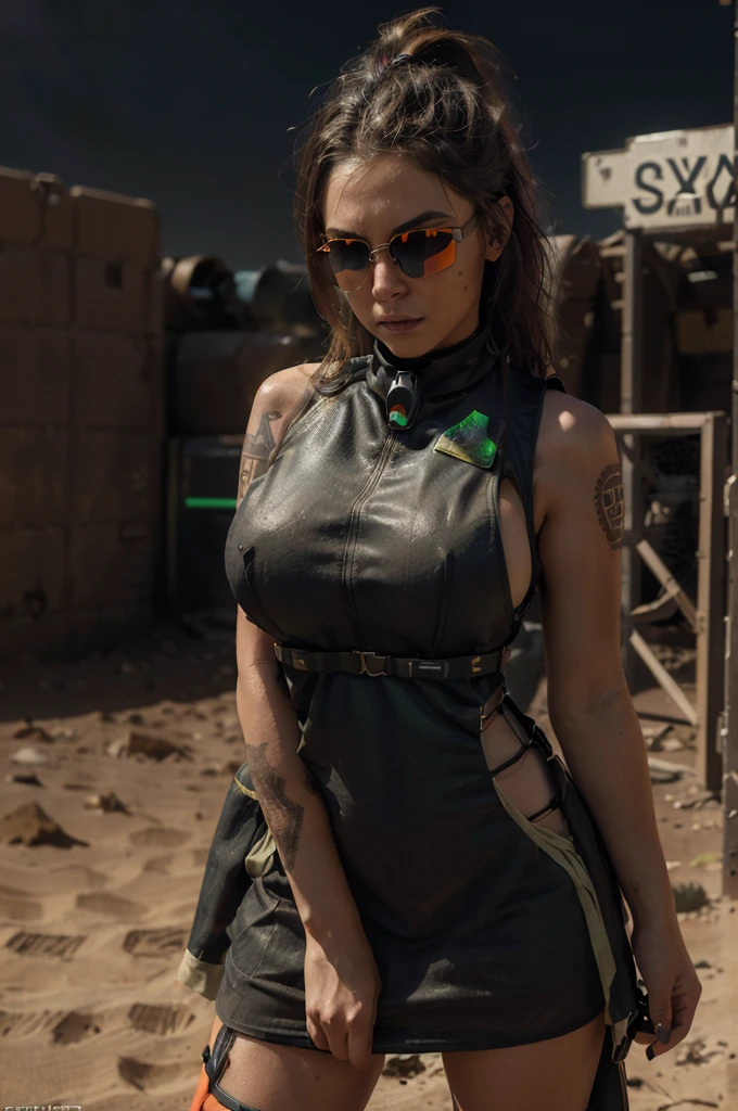 (1girl), ((city combat outfit, holding gun, tactical glasses, bullet vest, half dress: 1.4)), ((large breasts, round breasts: 1.3)), ((accentuated chest, wide hips, belly, narrow waist, curved waist: 1,2)), ((thin and thin waist, slender and thin belly: 1,2)), modern hairstyle, hair with colored highlights, highlights in the hair, ((face smug)), ((tattoo: 1.1)), masterpiece, best quality, realistic, ultra high resolution, depth of field, (two-color neon lighting: 1.2), (detailed face: 1.2 ), (detailed eyes: 1.2), (detailed background: 1.2), (desert, action sequences, cinematic lighting, desert storm: 1.2) (masterpiece: 1.2), (ultra detailed), ( best quality), complex and comprehensive cinematic, magical photography, (gradients), colorful and detailed landscape, visual key, glowing skin,