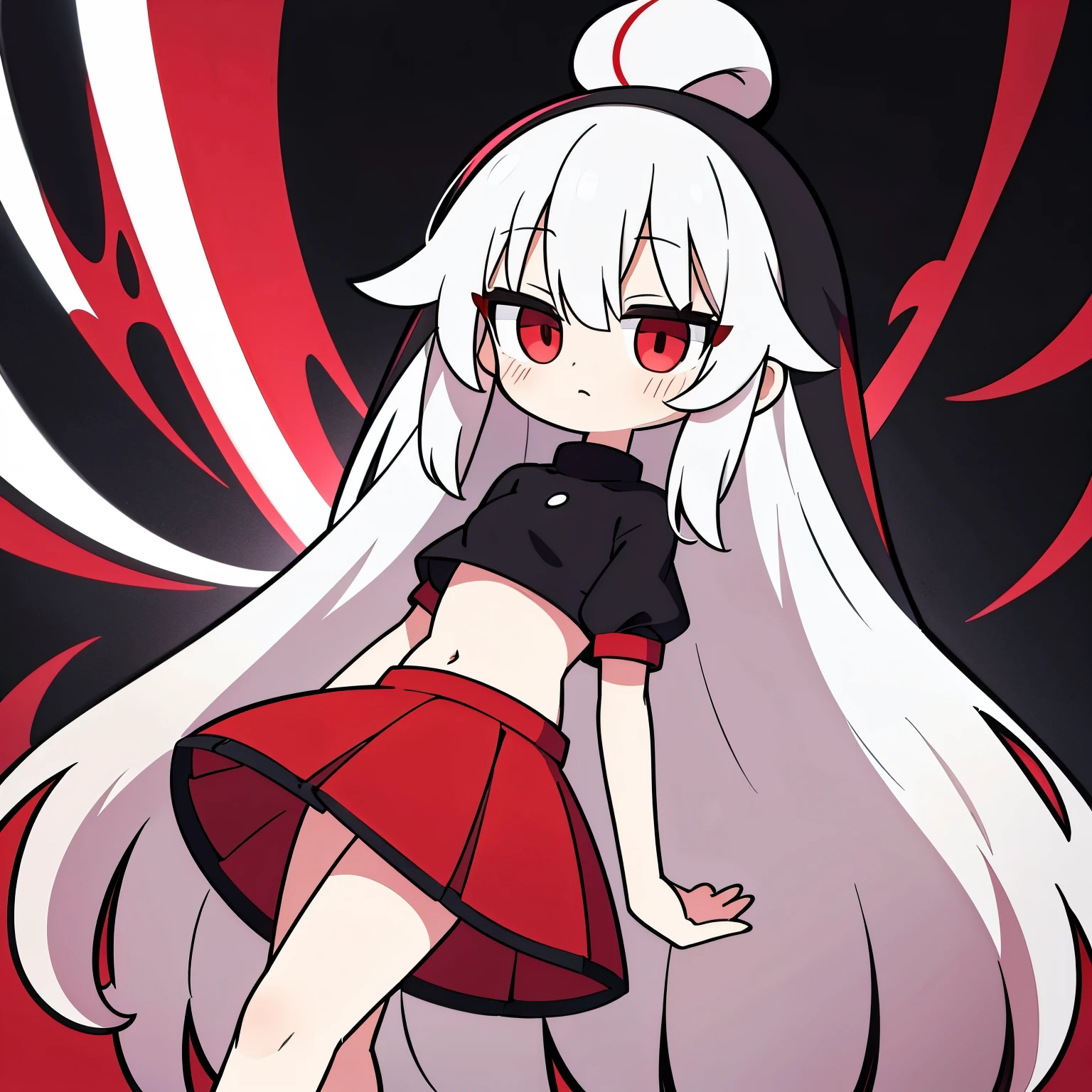 Long white hair，blood red eyes，Black and red skirt， body type