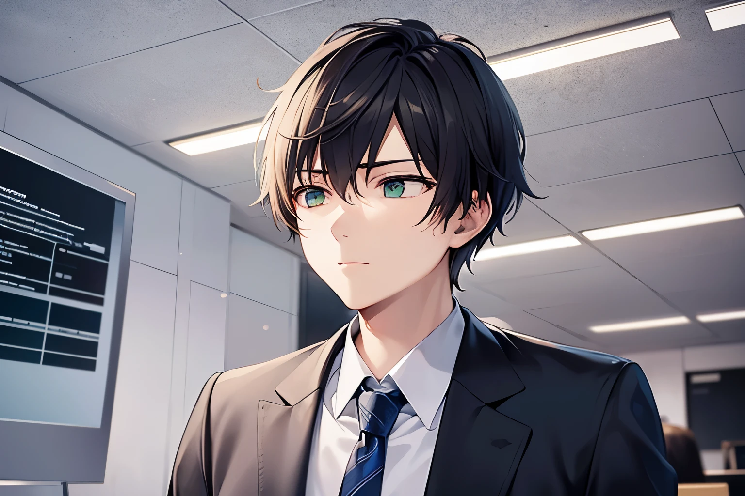 dutch angle, (looking away:1.5), masterpiece、high quality、25-year-old man with short black hair and green eyes、wearing a suit、wearing a white shirt、Wearing a tie、(Alone:1.5)、(Expressionless:1.1)、The background is an office、computer、bold composition、