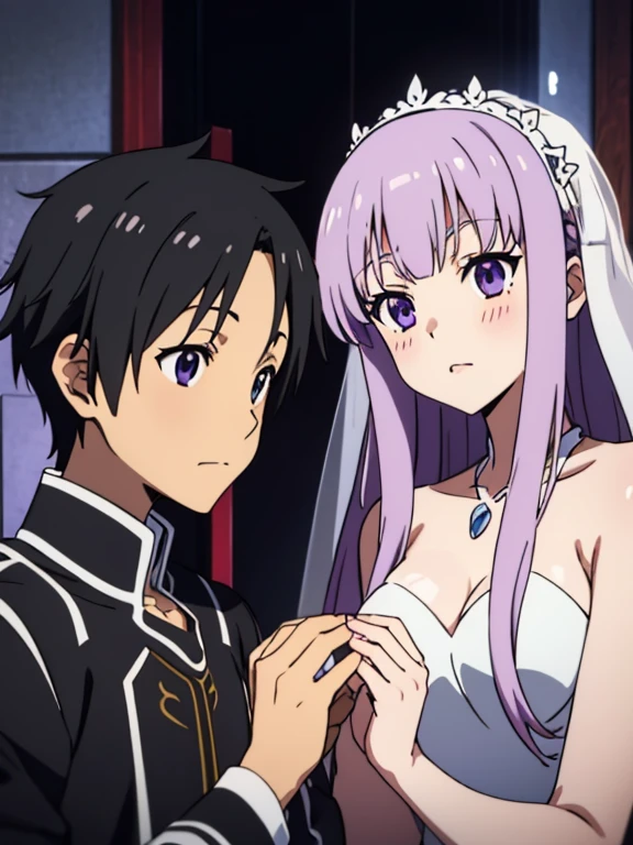 (Anime Boy and girl get maried) , (emilia, purple eyes, white long hair girl) , (kirito, black hair boy) , (romantic) 