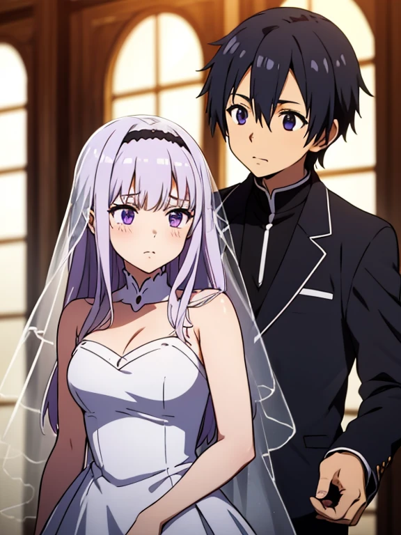 (Anime Boy and girl get maried) , (emilia, purple eyes, white long hair girl) , (kirito, black hair boy) , (romantic) 
