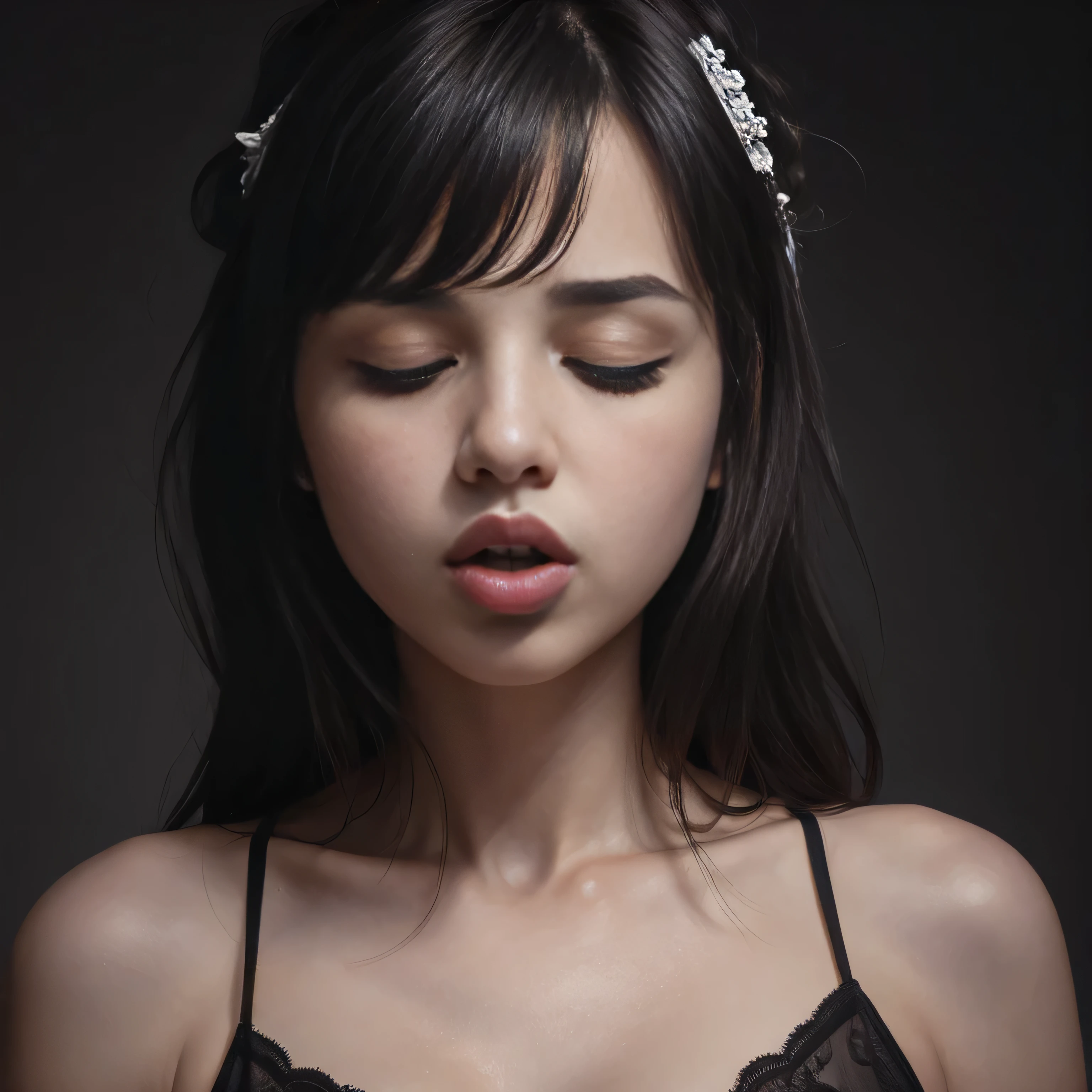 ((highest quality、8K、masterpiece:1.3)), award winning photos, very detailed, focus the eyes clearly, nose and mouth,face focus, woman with open mouth and closed eyes, black camisole、kiss、kissme,gray background、