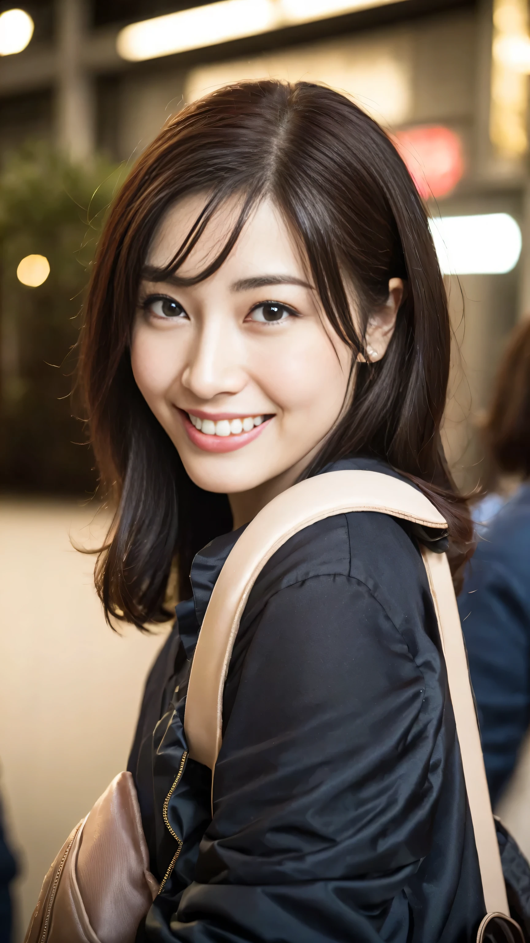 (8k, original photo, best quality, high resolution: 1.1), (Ultra actual: 1.4), (actual, lifelike: 1.3), soft light, girl, actual Face, actual Body, actual Skin, absurd, masterpiece, (charming: 1.8), crush, alone, (Big deal: 1.2), detailed black eyes, Innocent eyes, cheek, (woman&#39;shirt: 1.2), Cinema lights, film grain, (((Backpack: 1.1)), Cherry-colored lips, close up, look at the audience, Upper body, open lips, Top Teeth, (smile eyes: 0.6), ((grinning: 1.2)), depth of field, blurred background, eye focus, Bokeh, midnight, Shinjuku, neon lights, cyberpunk, rain, 85mmレンズ, F/1.4, professional lighting, young, portrait, photon mapping, Radiosity, and physically-based rendering