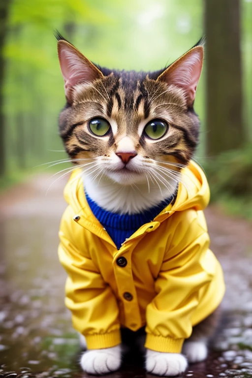 girl, Circuit board AI, Little cute (Happy 1.4) cat in a (yellow raincoat1.3) in the woods, rain, portrait, tilt shift, Bokeh