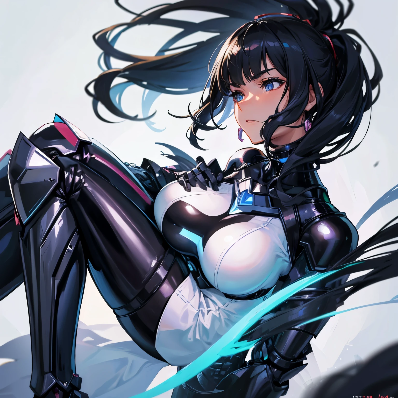 Beautiful tall woman with ultra-realistic and detailed black hair robot armor