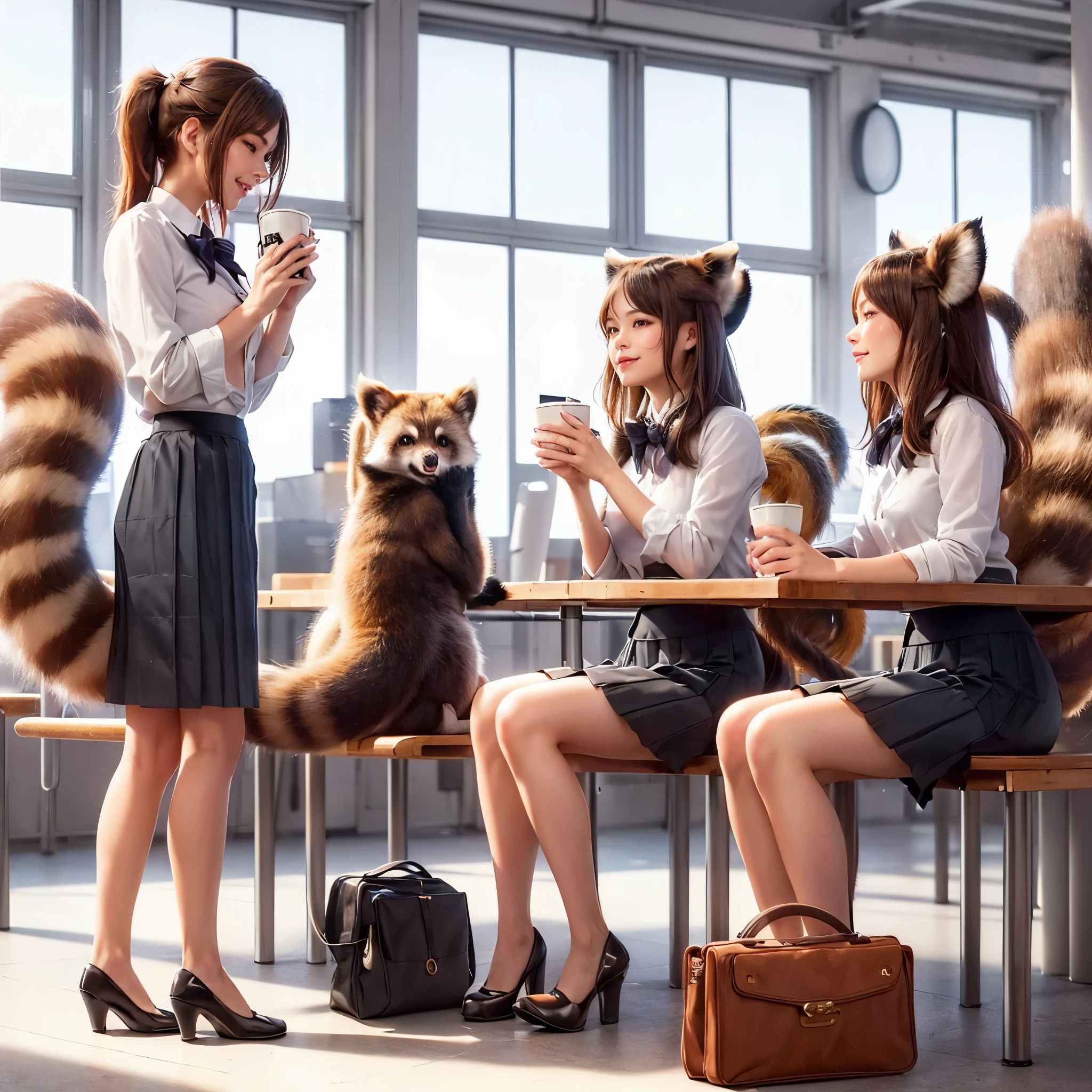 women with tanuki tails, (software) safe for work, fur with tail, software version, coworkers, realistic style, , realistic style , ３ People beautiful girl, photograph, 最high quality, (Her skirt is flipped up and her tail is visible.:1.8) ,Reality, small breasts, slender, white panties,tail from above panties, Tail from inside the skirt, bushy tail, realistic tail, flat chest, (software) safe for work, nffsw, retina, muste piece, Accurate, anatomically correct, super detail, advanced details, high quality, 最high quality, High resolution, 1080p, 4k, 8K, The tail is sticking out from inside the skirt, long tail, A sloppy smile
