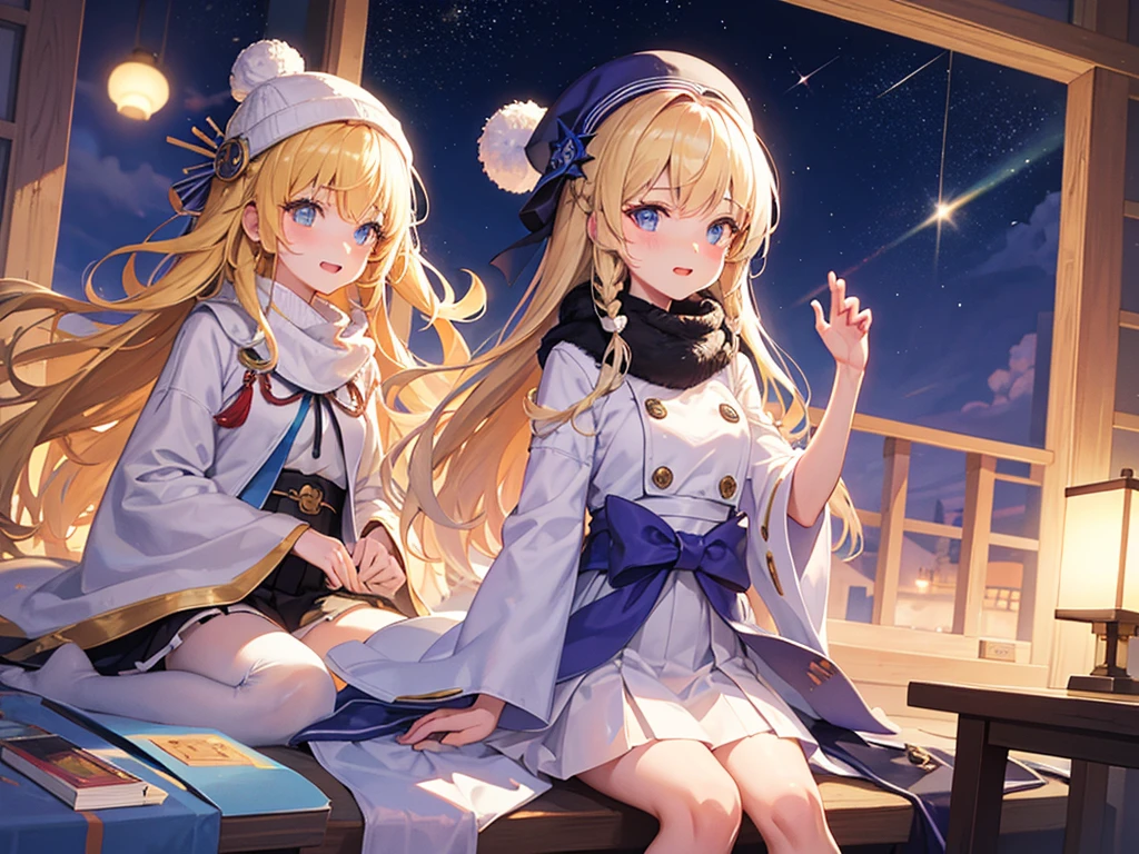 (masterpiece)++,(sweet illustration)+,detailed gradient eyes, outdoors, milky way galaxy,  Moonlight, high resolution, winter mountain,
1girl, sitting, Taisho clothes, WHITE MUFFLER, duffel coat, ROBE, (fluffy, beanie), from back, looking at viewer, medium bob, blonde hair, bun_head, shiny wavy hair, blue eyes, light smile, lens flare, Japanies Hairpin, kanzashi, braided bangs, cute, , 14-yo, , sweaty hats, white breath, steam, shooting star, astronomical telescope, 