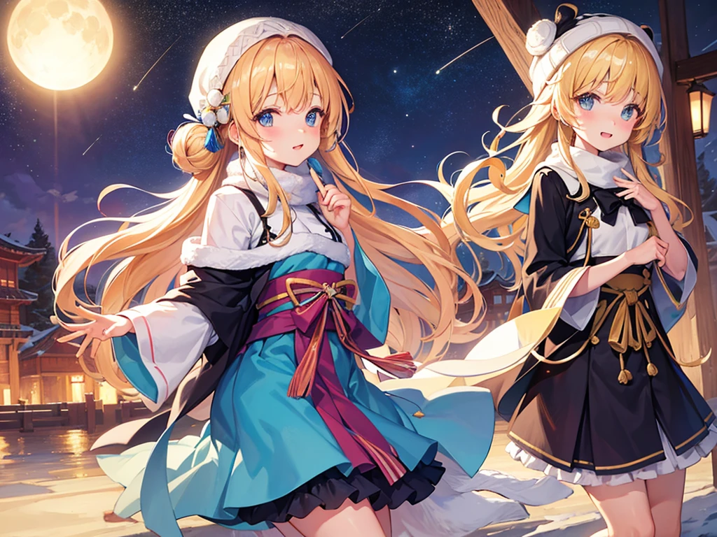 (masterpiece)++,(sweet illustration)+,detailed gradient eyes, outdoors, milky way galaxy, Moonlight, high resolution, winter mountain,
1girl, sitting, Taisho clothes, WHITE MUFFLER, duffel coat, ROBE, (fluffy, beanie), from back, looking at viewer, medium bob, blonde hair, bun_head, shiny wavy hair, blue eyes, light smile, lens flare, Japanies Hairpin, kanzashi, braided bangs, cute, , 14-yo, , sweaty hats, white breath, steam, shooting star, astronomical telescope,