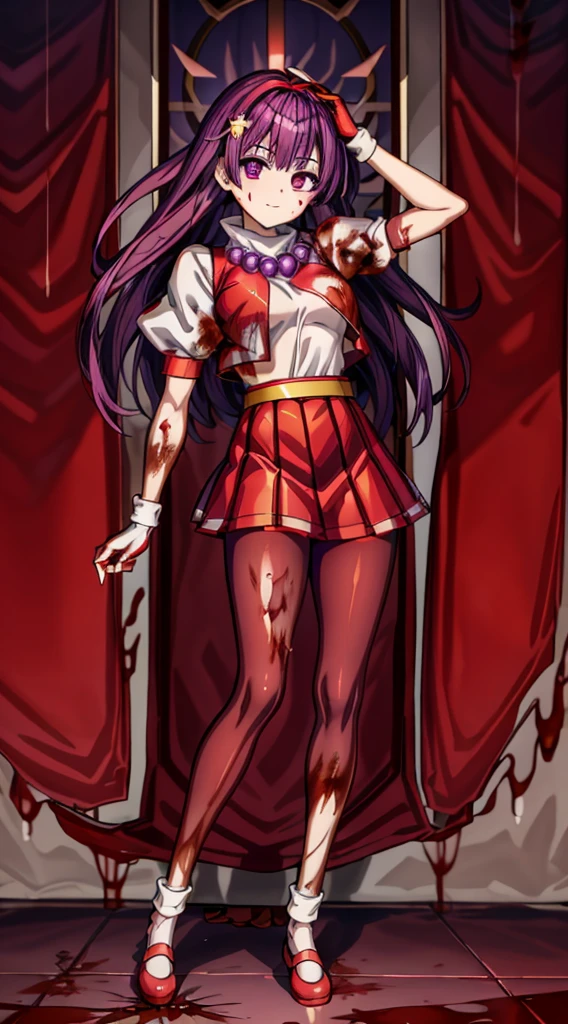 (masterpiece)、(highest quality)、(super detailed)、intricate details、athena 97、(1 girl:1.4)、solo、purple eyes、purple hair、hair length、white earrings、red hair band、star hair ornament、Medium breathing、red vest、white turtleneck、White Puff Sleeves、short sleeve、red pleated skirt、(Crimson pantyhose:1.2)、black pantyhose、yellow belt、purple spherical necklace、red fingerless gloves、white short socks、red shoes、evil smile、NSFW、In the ruins、anime style、(Blood on the face:1.6)、(combat readiness:1.2)、hypnorolla、
empty eyes、(full body:1.2), looking at viewer,