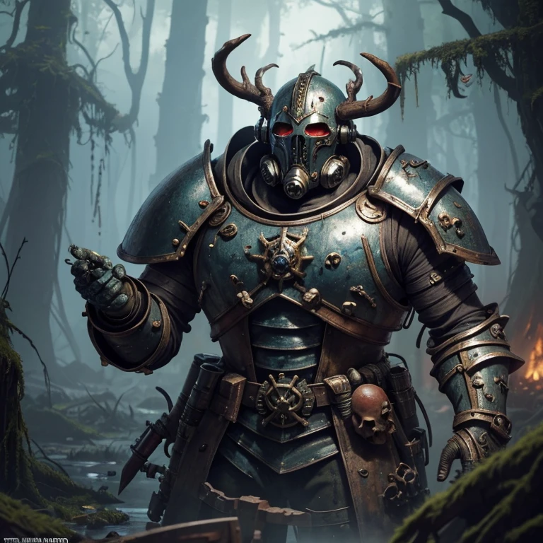 warhammer 40k plagued spacemarine, corrupted skin, organic, 8k, huge pustules, skulls, skeleton, zombie, kettle boiling plague,  rust, amphibian skin, armoured legs, mold, higly intricate, asymmetrical, fungal exhaust, respirator, (human head:1.4), corroded, ( corroded knight helmet:1.1), long disfigured legs, ( organic jetpack:1.1), flesh legs currupted, bugs, mushrooms, (bells:1.2), yellow blisters on skin, plague, putrid, decay, Trypophobia , whirling maggots, flies, moss arms, (three metalic circles:1.3), fleshy infected armour, infected skin, damaged antlers, washed up colours, in swamp, d&d, fantasy, highly detailed, digital painting, artstation, sharp focus, fantasy art, illustration, 8k,