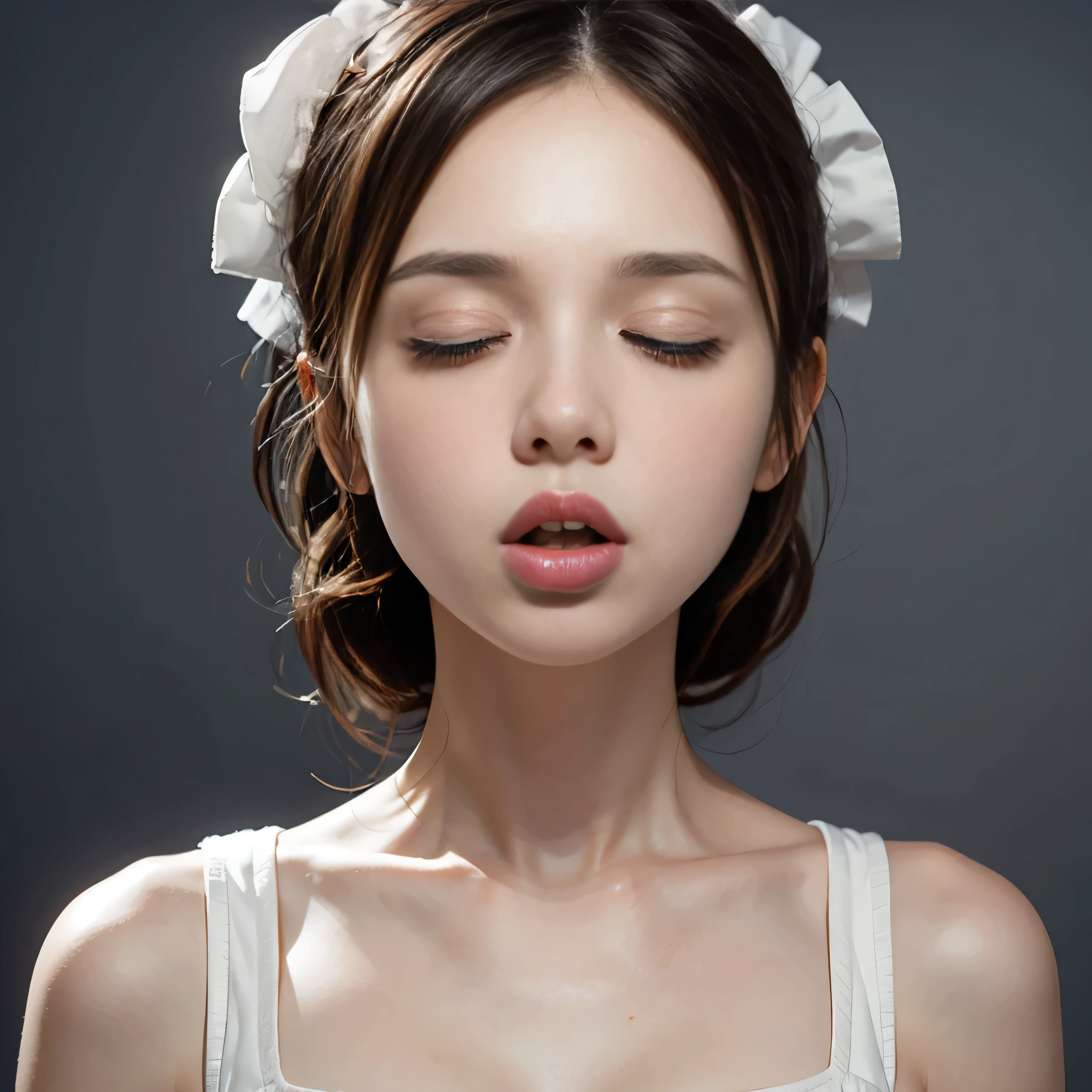 ((highest quality、8K、masterpiece:1.3)), award winning photos, very detailed, focus the eyes clearly, nose and mouth,face focus, woman with open mouth and closed eyes, black camisole、kiss、kissme,gray background、