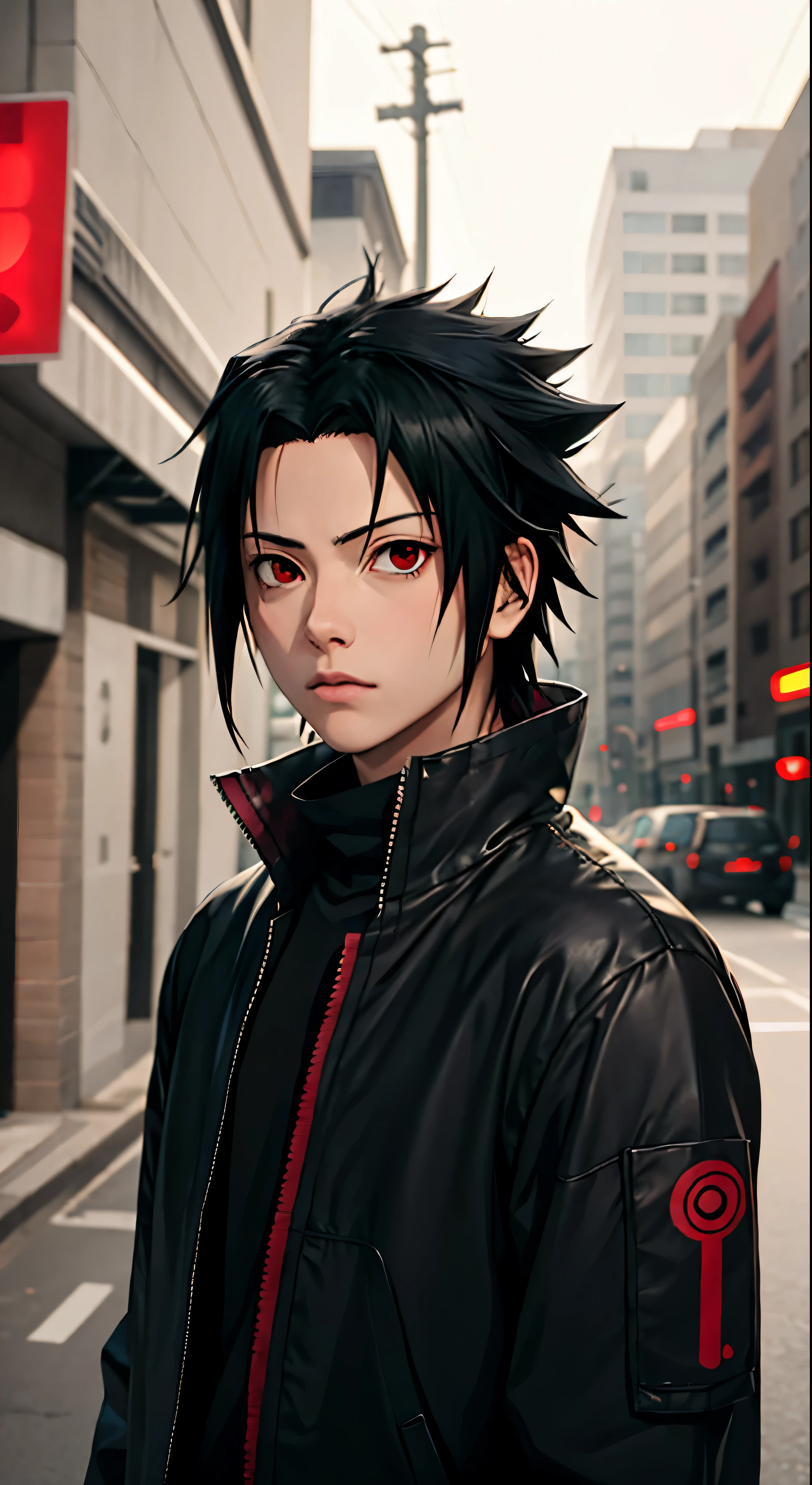 Masterpiece, 1boy, Superb Style, uchiha Sasuke, red eyes, Urban Streetwear chothes, Outdoor, Upper Body, Uchiha Sasuke, bright eyes, black hair, cool boy