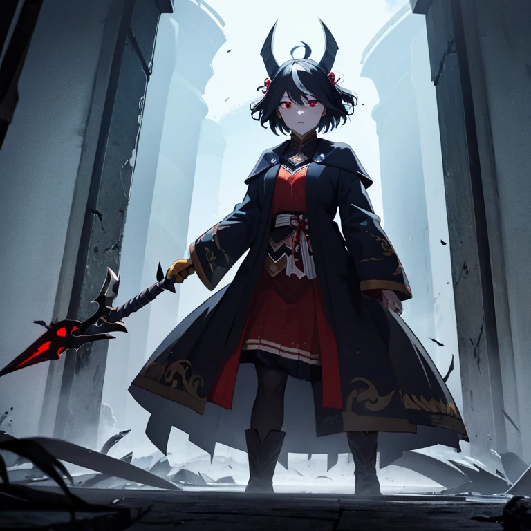 highest quality,4K,8K,High resolution,masterpiece，dark fantasy，Creepy，That&#39;s horrible，fear，completely changed appearance，Different dimension，sense of presence，strange appearance，cold，wicked，deep frozen eyes，coercion，darkness，corruption，disillusioned，cold-hearted，enemy，Shadow，red eyes，holding a black sickle，Different world，