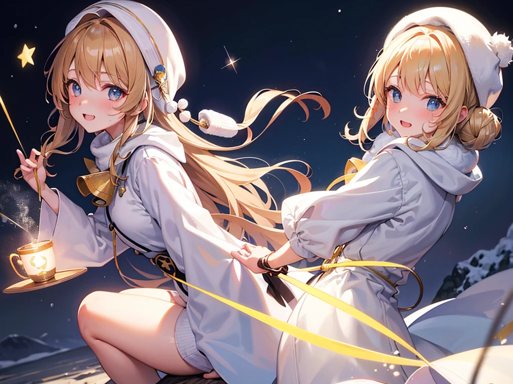 (masterpiece)++,(sweet illustration)+,detailed gradient eyes, outdoors, milky way galaxy,  Moonlight, high resolution, ((winter mountain)),
((1girl)), sitting, Taisho clothes, WHITE MUFFLER, duffel coat, ROBE, (fluffy, beanie), from back, looking at viewer, medium bob, blonde hair, bun_head, shiny wavy hair, blue eyes, light smile, lens flare, Japanies Hairpin, kanzashi, braided bangs, cute, , -yo, sweaty hats, white breath, steam, shooting star, 