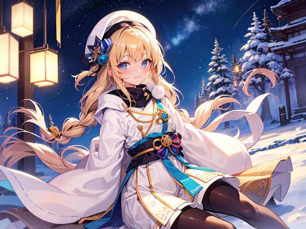 (masterpiece)++,(sweet illustration)+,detailed gradient eyes, outdoors, milky way galaxy,  Moonlight, high resolution, ((winter mountain)),
((1girl)), sitting, Taisho clothes, WHITE MUFFLER, duffel coat, ROBE, (fluffy, beanie), from back, looking at viewer, medium bob, blonde hair, bun_head, shiny wavy hair, blue eyes, light smile, lens flare, Japanies Hairpin, kanzashi, braided bangs, cute, , -yo, sweaty hats, white breath, steam, shooting star, 