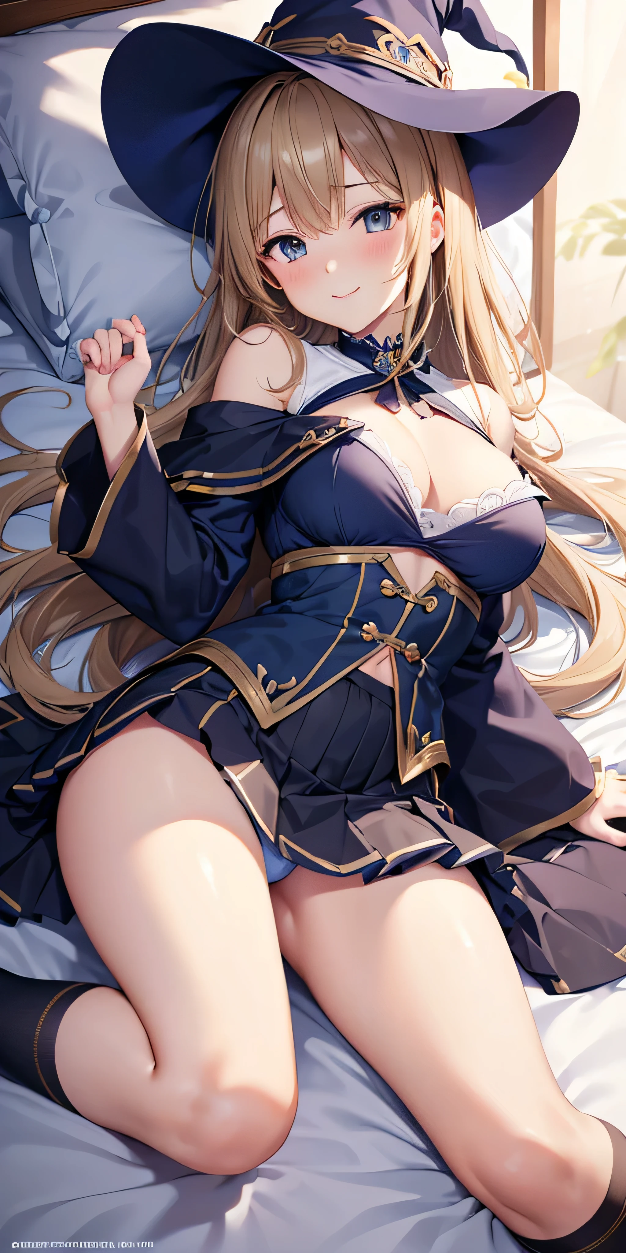 debris flies, highest quality, Highly detailed CG Unity 8K wallpaper, sexy witch , Long length hair、Dark blonde wavy hair、off shoulder knit, dark blue pleated skirt, stockings、medium breasts, saggy breasts, Pose that emphasizes the chest, blush, shy smile, bare shoulders, (((lift up the skirt with both hands、open your legs wide、please open your knees)))、、nice magic book、church bed、lying in bed、、light blue panties、light blue bra