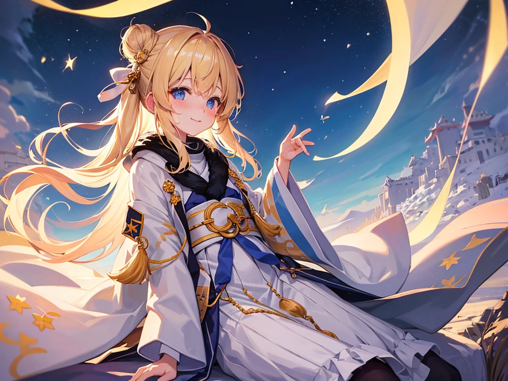 (masterpiece)++,(sweet illustration)+,detailed gradient eyes, outdoors, milky way galaxy, Moonlight, high resolution, ((winter mountain)),
((1girl)), sitting, Taisho clothes, WHITE MUFFLER, duffel coat, ROBE, (fluffy, beanie), from back, looking at viewer, medium bob, blonde hair, bun_head, shiny wavy hair, blue eyes, light smile, lens flare, Japanies Hairpin, kanzashi, braided bangs, cute, , -yo, sweaty hats, white breath, steam, shooting star,
