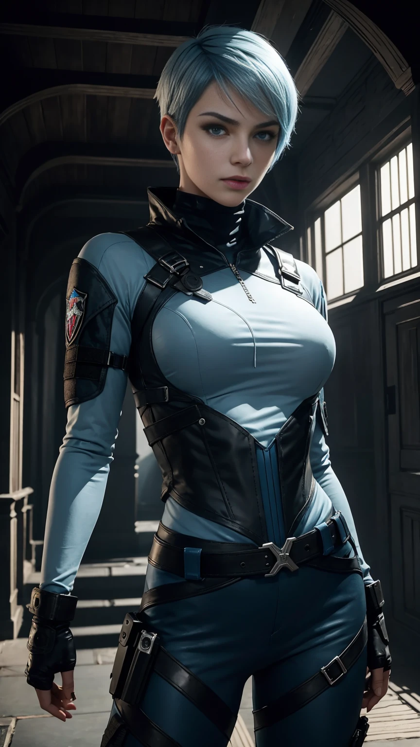 (An Enigmatic 30-Year-Old Female Vampire Hitwoman), (Light Blue Wolfcut Hair:1.4), (Sharp Silver Eyes), (Fair Skin with Hidden Fangs), (Wearing Dark Blue Tactical Outfit:1.4), (Castle of Eternal Night), (Dynamic Pose:1.4), Centered, (Waist-up Shot:1.4), From Front Shot, Insane Details, Intricate Face Detail, Intricate Hand Details, Cinematic Shot and Lighting, Realistic and Vibrant Colors, Masterpiece, Sharp Focus, Ultra Detailed, Incredibly Realistic Environment and Scene, Master Composition