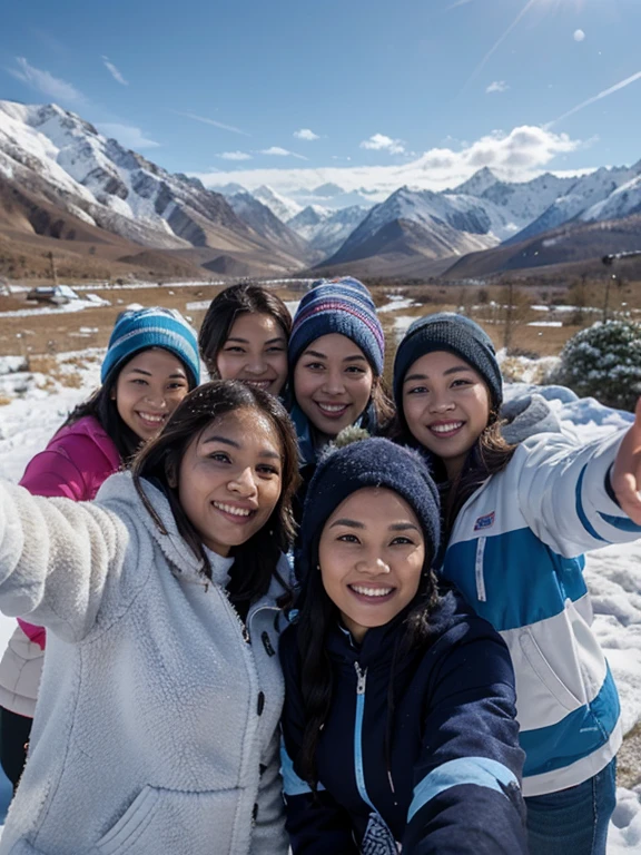 Take a photo, a group of seven native Indonesian women with beautiful faces, posing for a selfie with a background of snowy mountains and blue sky. they wore brightly colored winter jackets with striped patterns that said "EFP", they wore hoodies in various colors that matched their clothes. One of the people is holding a mobile phone, taking a selfie, their face is very happy,, the background of the photo is snowy mountains with a bright blue sky and a few white clouds, creating a beautiful winter atmosphere. Some of them showed the “peace” or V hand gesture.