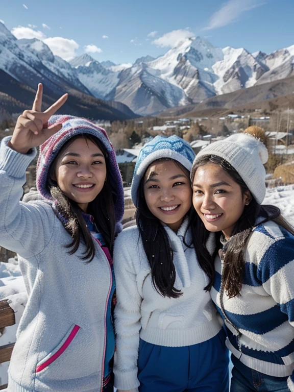 Take a photo, a group of seven native Indonesian women with beautiful faces, posing for a selfie with a background of snowy mountains and blue sky. they wore brightly colored winter jackets with striped patterns that said "EFP", they wore hoodies in various colors that matched their clothes. One of the people is holding a mobile phone, taking a selfie, their face is very happy,, the background of the photo is snowy mountains with a bright blue sky and a few white clouds, creating a beautiful winter atmosphere. Some of them showed the “peace” or V hand gesture.