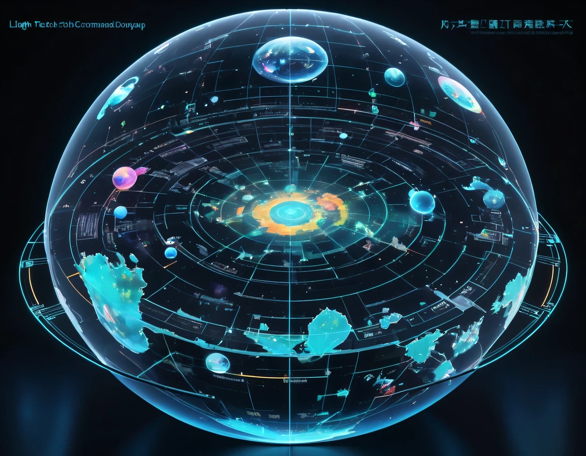 high tech会议大厅中间有未来派transparent空灵天文图，3D astronomical map，Holographic projection astronomical map，Map of cosmic galaxies，spherical，transparent，cyberpunk，X-ray，fluorescence，neon lights，high tech，command hall，Control lobby