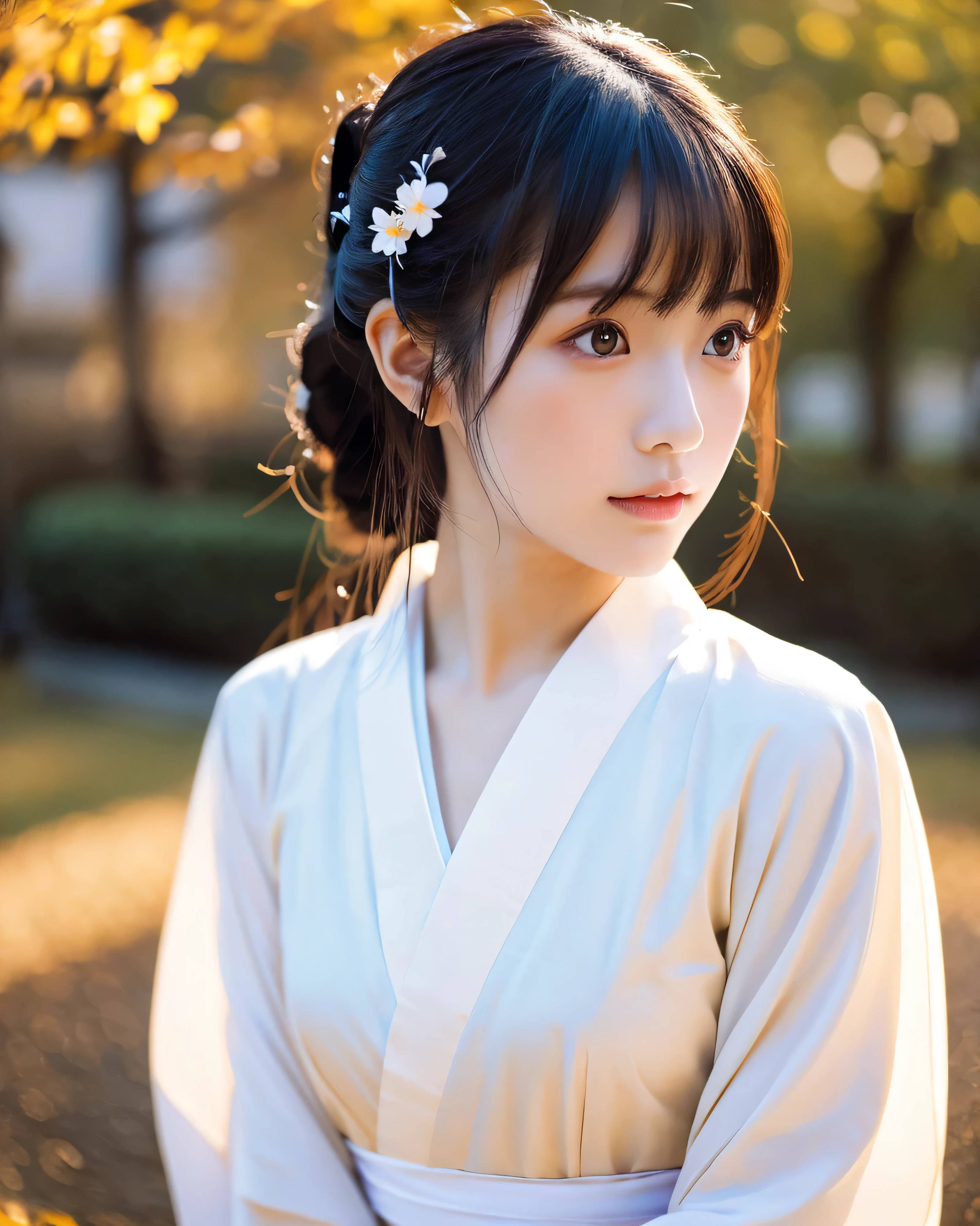 beautiful japanese girl　detailed beautiful eyes　smooth soft skin　fine black hair　long straight hair　（Simple kimono in white:1.5)　Japan Graveyard　（whole body:1.７） professional lighting