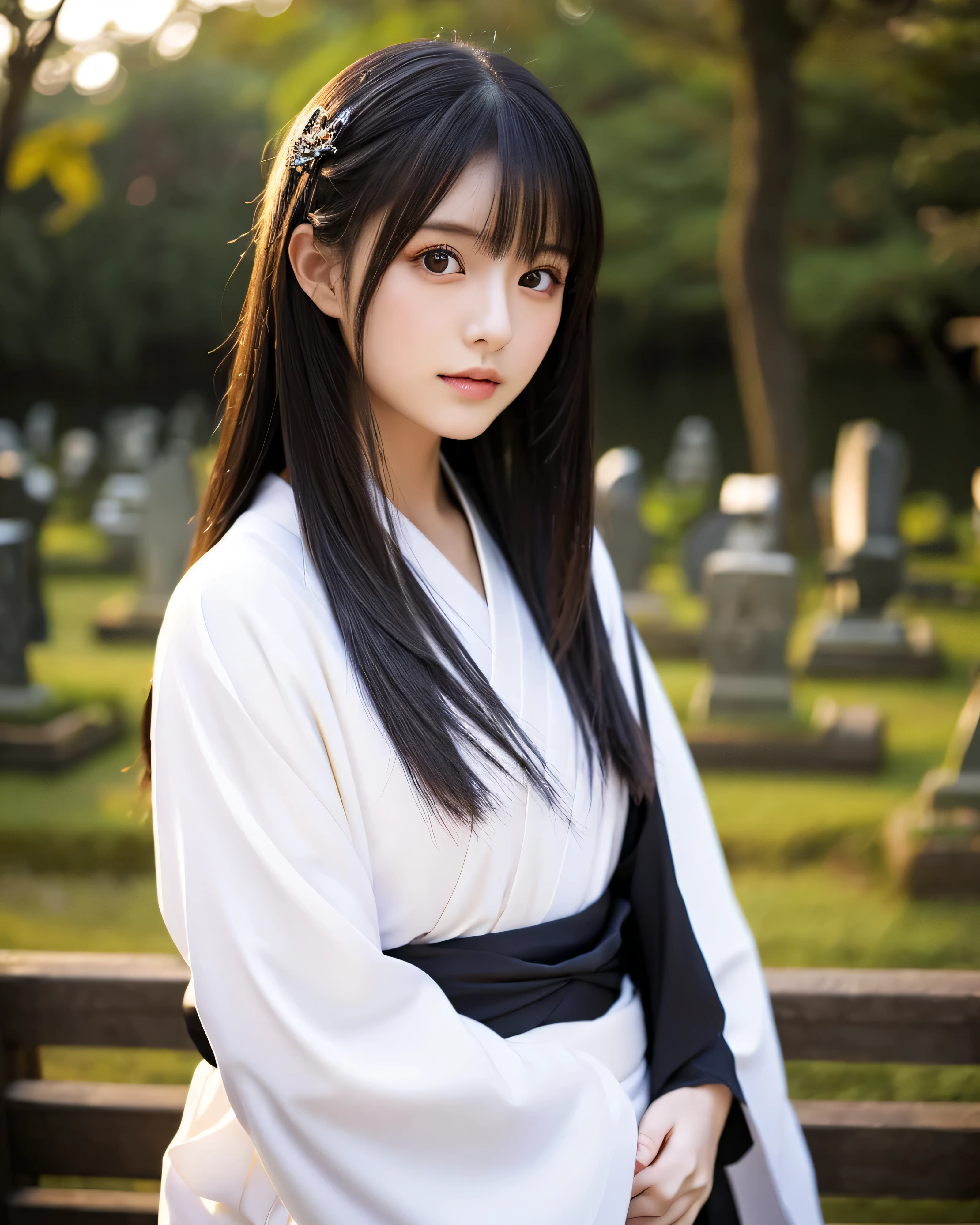 beautiful japanese girl detailed beautiful eyes smooth soft skin fine black hair long straight hair (Simple kimono in white:1.5) Japan Graveyard (whole body:1.7) professional lighting