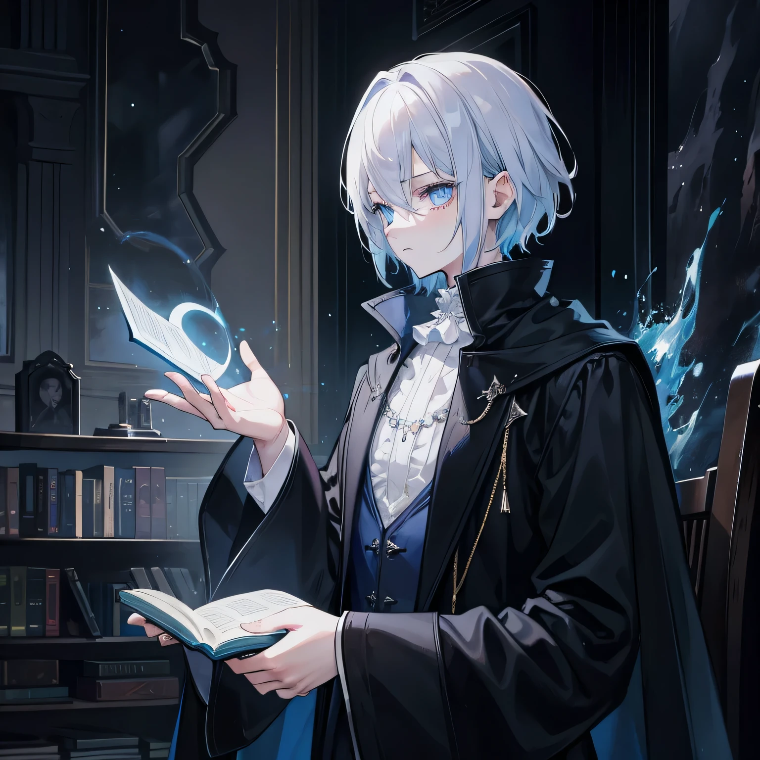 {[{{"Magnificent dark atmosphere, Being in a magical world, 4k artwork of man with gray hair and glowing blue eyes, short hair, Are crying, Surrounded by spellbooks,Making magic."}]}}